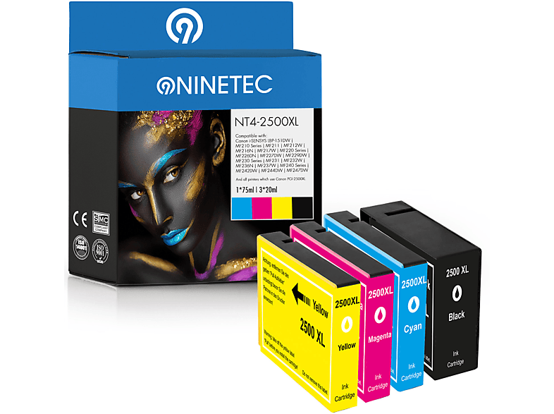 NINETEC 4er Set ersetzt Canon PGI-2500 Tintenpatronen black, cyan, magenta, yellow (9254 B 004)