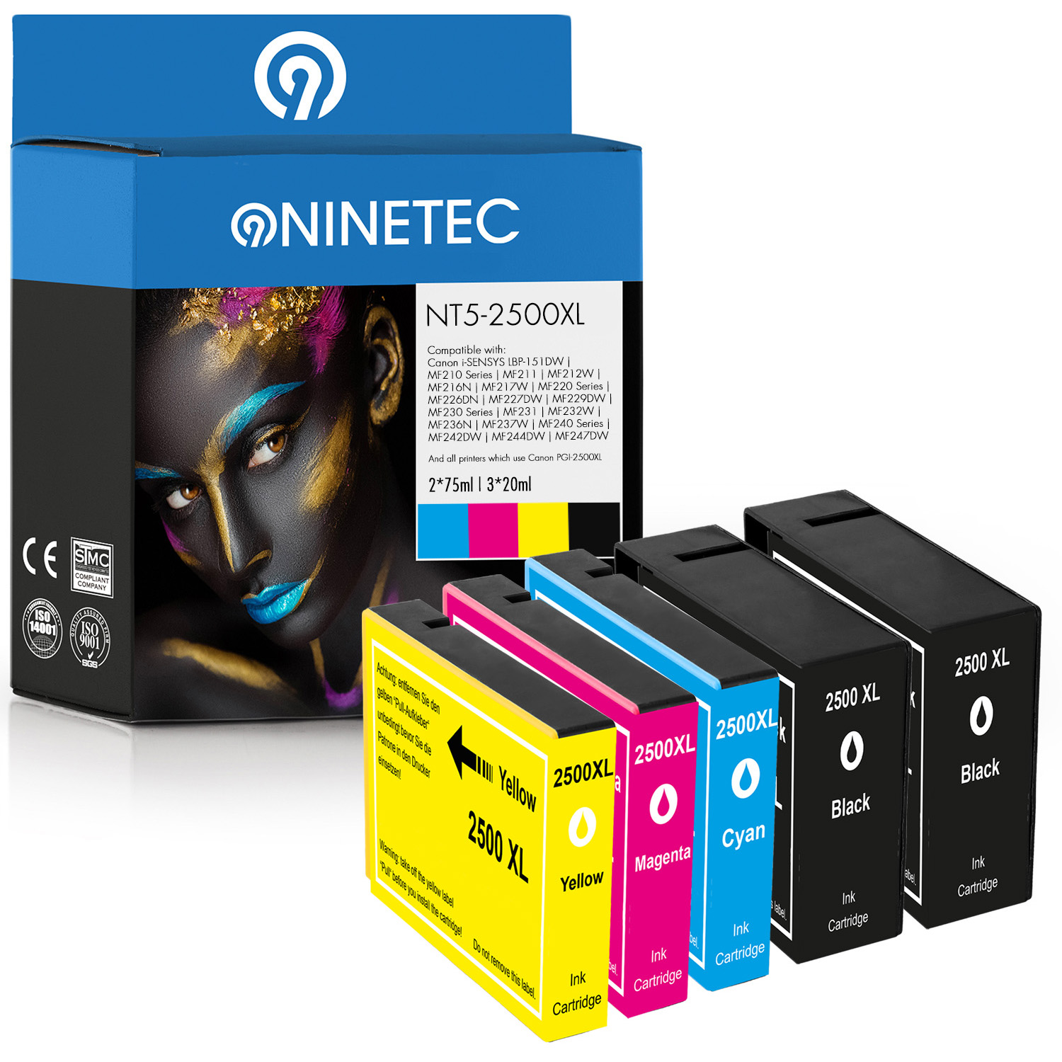 NINETEC 5er Set ersetzt Canon black, yellow (9254 Tintenpatronen B 004) PGI-2500 cyan, magenta
