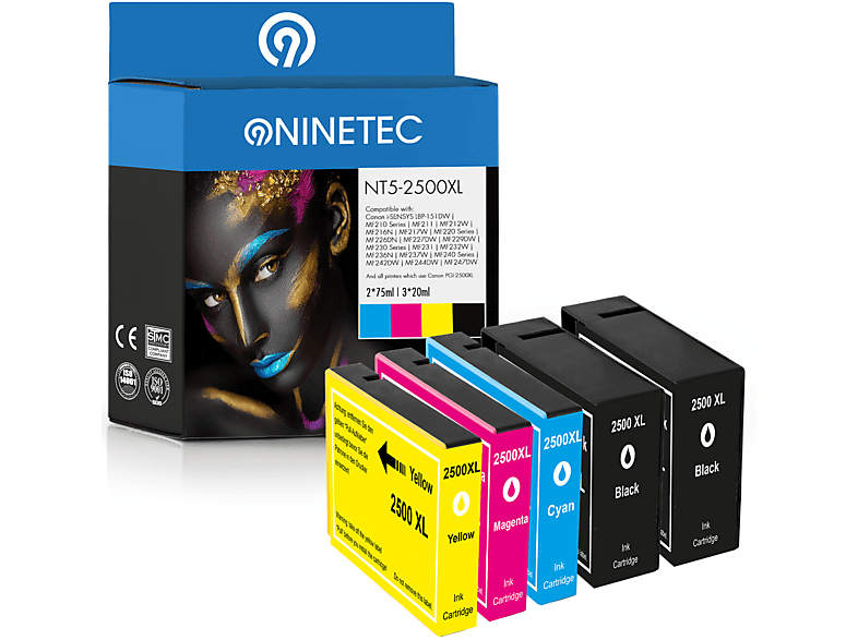 NINETEC 5er Set ersetzt Canon PGI-2500 Tintenpatronen black, cyan, magenta, yellow (9254 B 004)