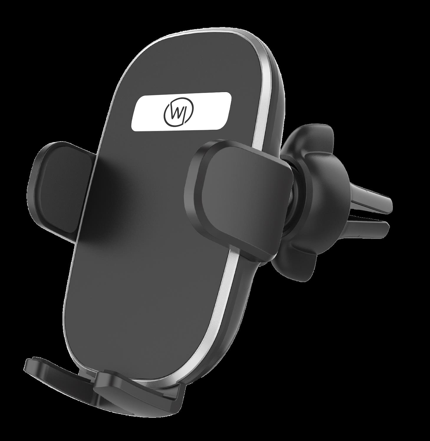 Schwarzer Telefonhalter für das Auto. Er hat eine Klemme zur Befestigung des Telefons und eine Lüfterhalterung.