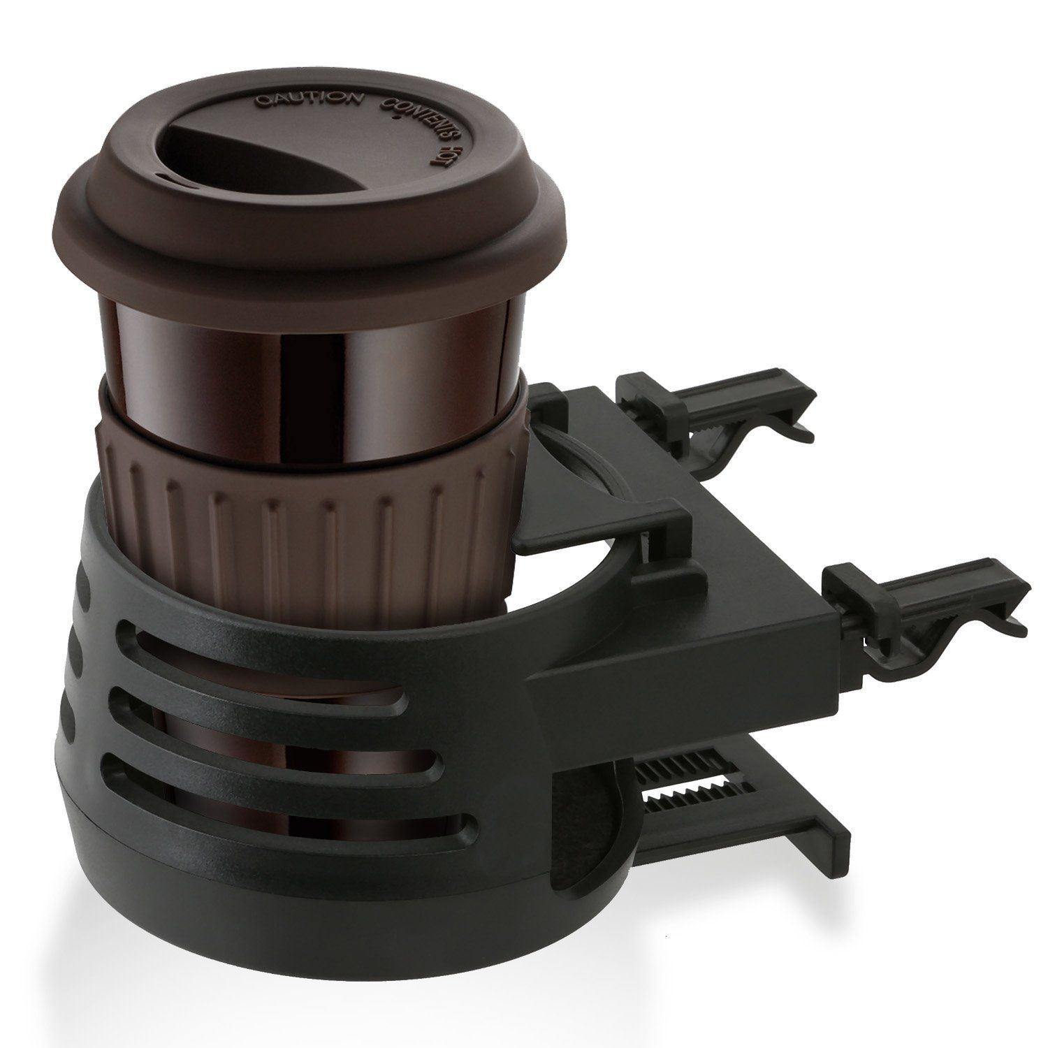 Schwarzer Auto-Becherhalter mit braunem Kaffeebecher, auf weißem Hintergrund.