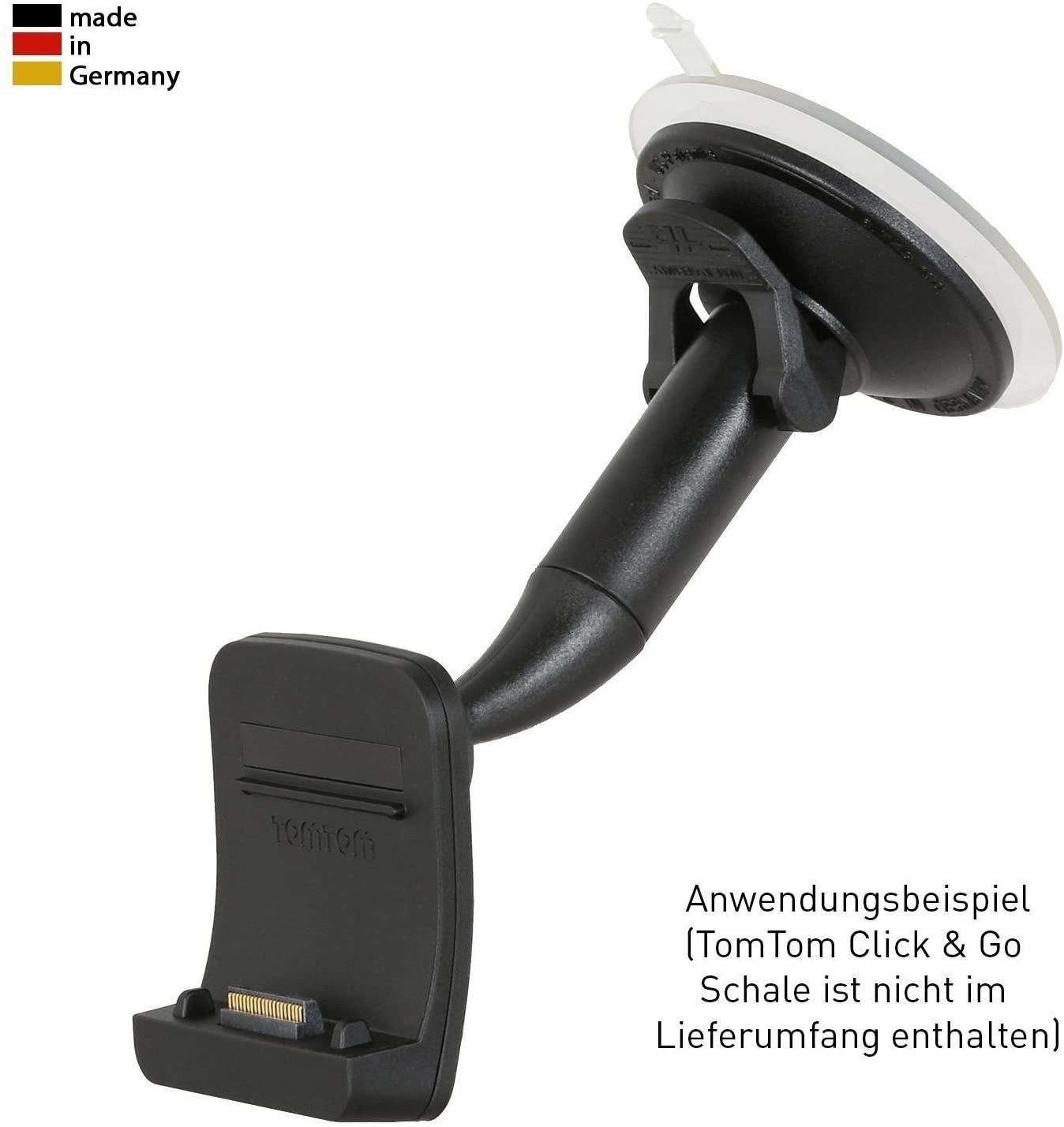 Schwarze GPS-Halterung mit Saugnapf und schwarzem Telefonhalter.