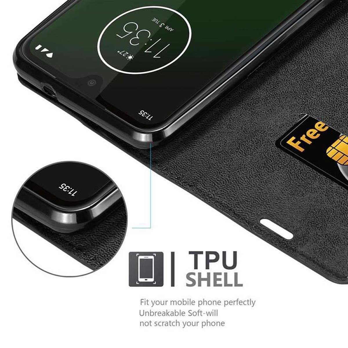 Telefono nero con custodia, carta di credito. Il testo recita 'Free' e 'TPU SHELL'.