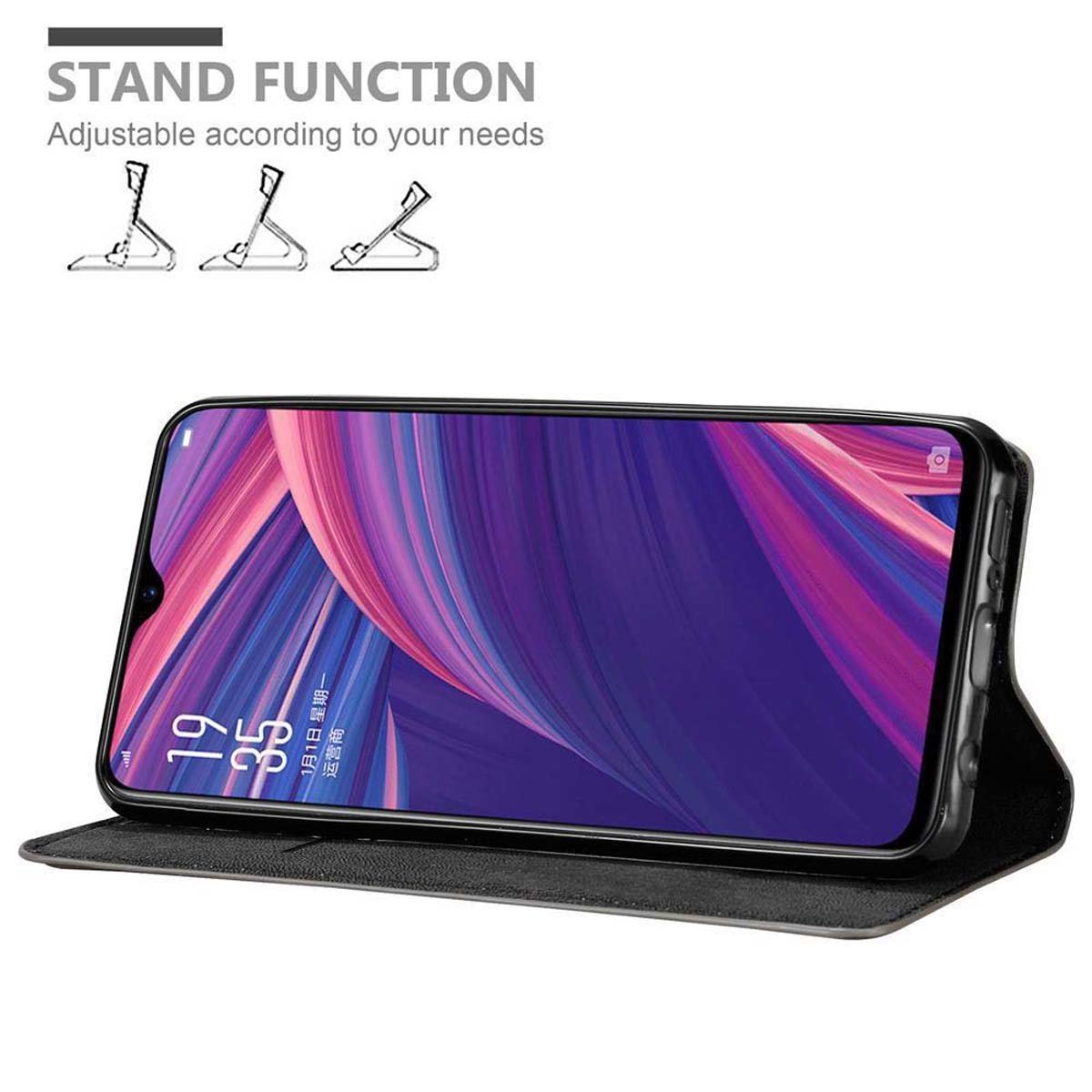 Custodia del telefono aperta che mostra un telefono con display colorato.