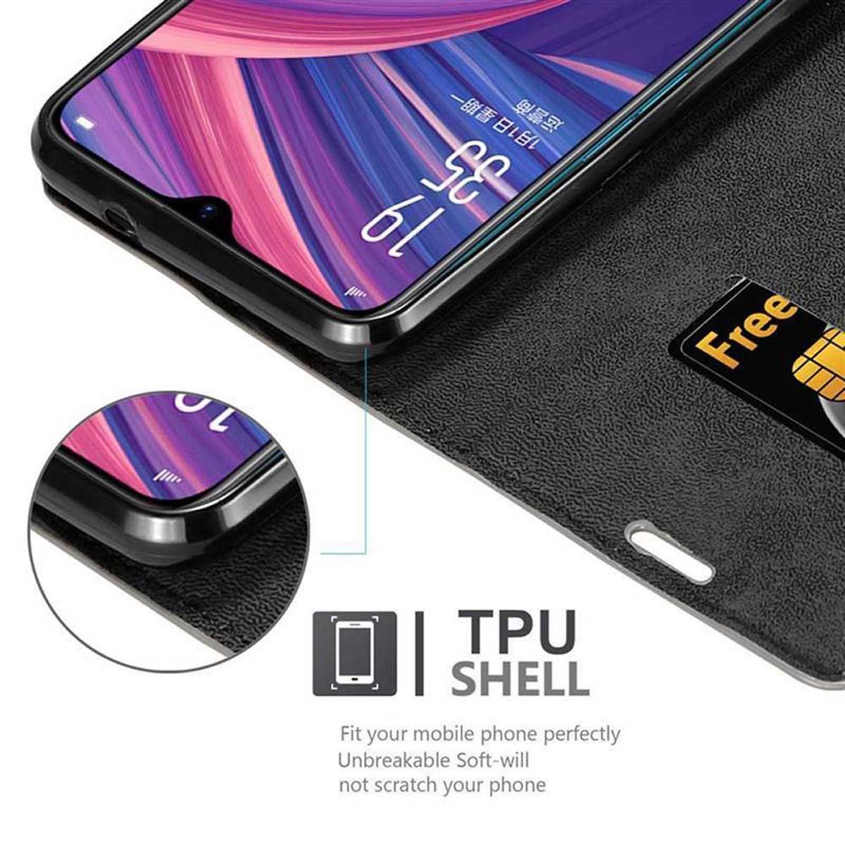 Un telefono in una custodia nera con uno slot per schede. Una scheda è parzialmente visibile nello slot.