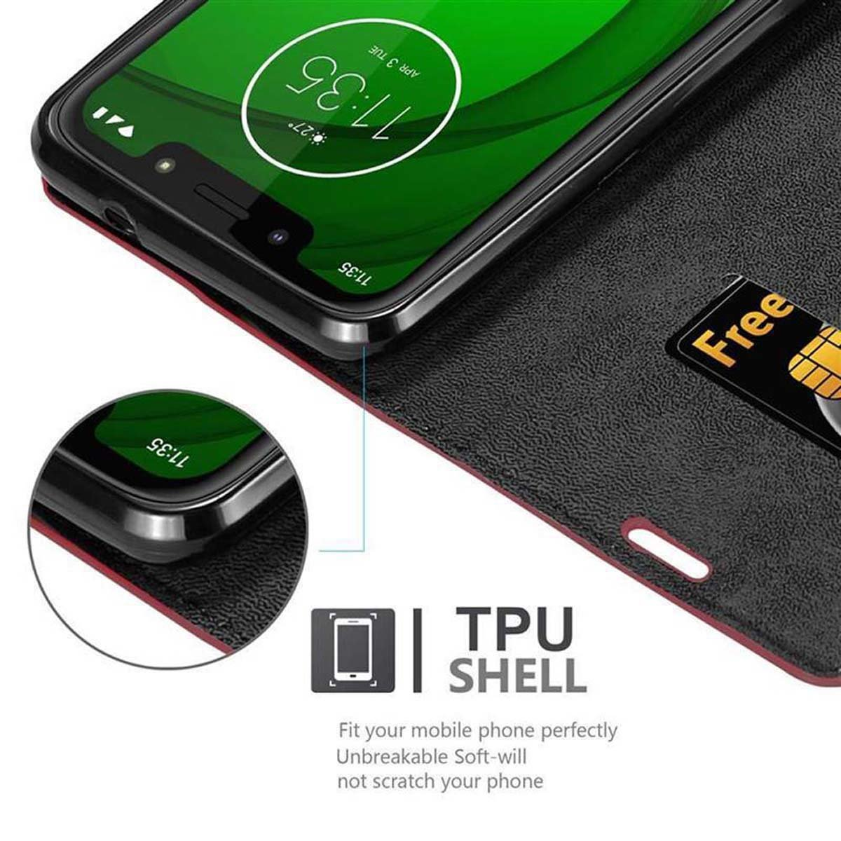 Custodia per telefono nera con un telefono all'interno. La custodia ha uno slot per schede. Dice 'TPU SHELL'.