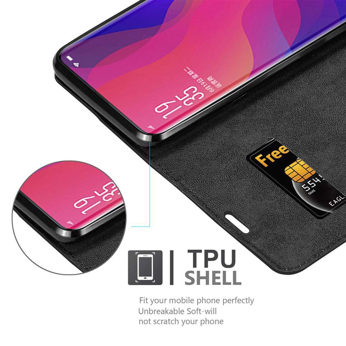 Telefono nella custodia. La custodia è aperta e una carta è visibile. Testo sulla custodia: TPU SHELL.