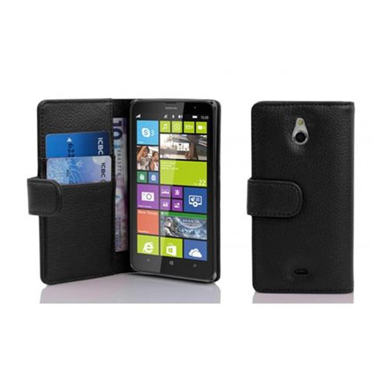 Étui de téléphone en cuir noir avec des fentes pour cartes de crédit et un téléphone Nokia. Isolé.