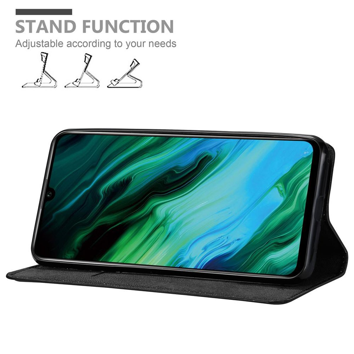 Un telefono nero in una custodia, aperto, che mostra uno schermo con sfondo blu.