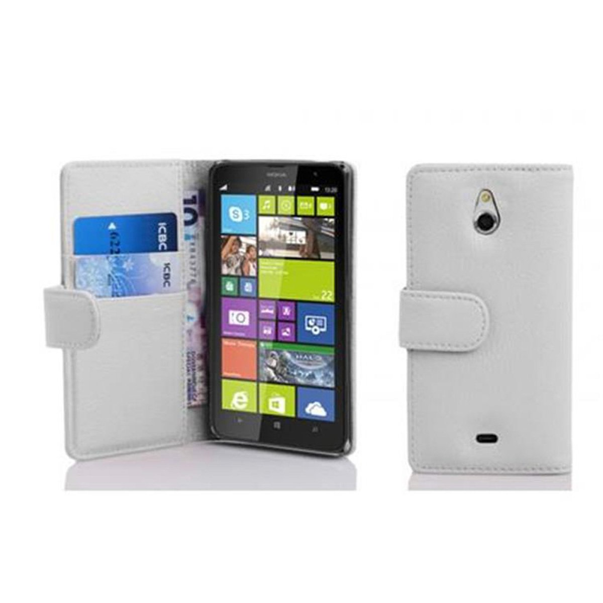 Étui de téléphone blanc ouvert, avec téléphone et cartes de crédit. Fond blanc.