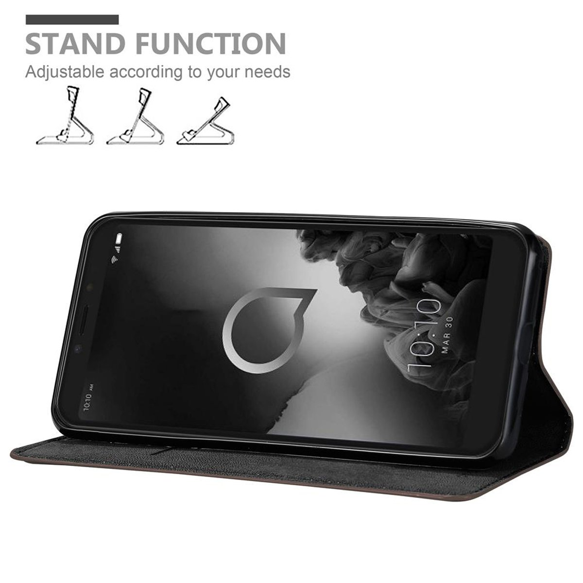 Telefono in una custodia nera, puntellato. Testo: Funzione supporto. Icone di supporto regolabili.