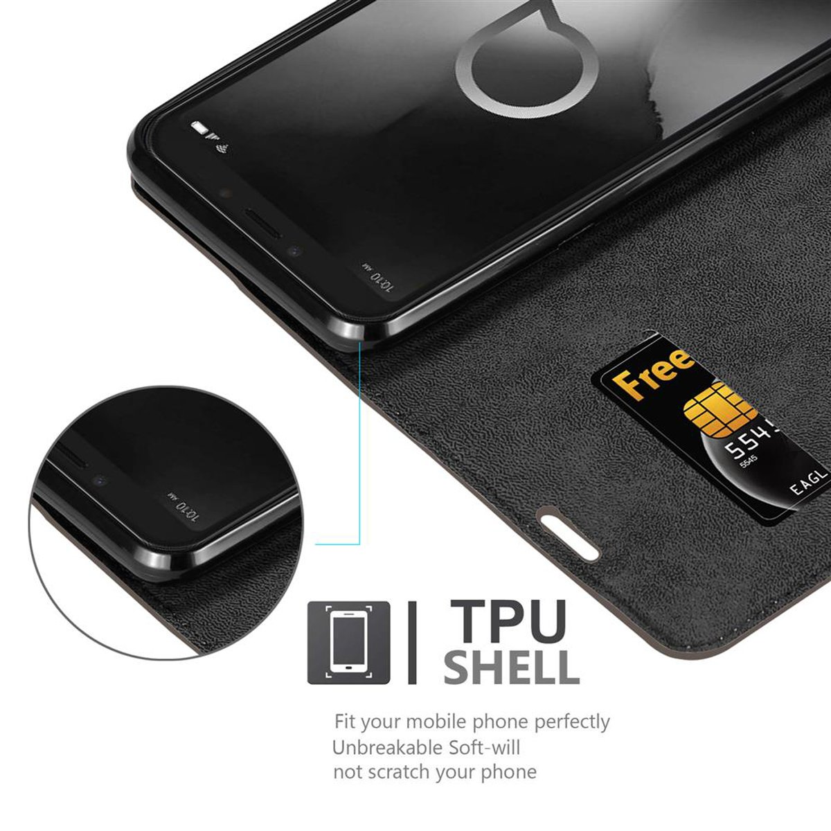 Telefono in una custodia a portafoglio. Dispone di una carta e una SIM gratuita.