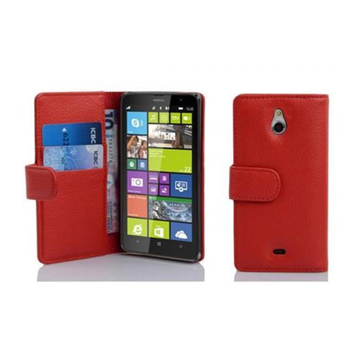 Étui portefeuille rouge pour téléphone, ouvert et fermé, montrant un téléphone noir avec cartes et espèces.