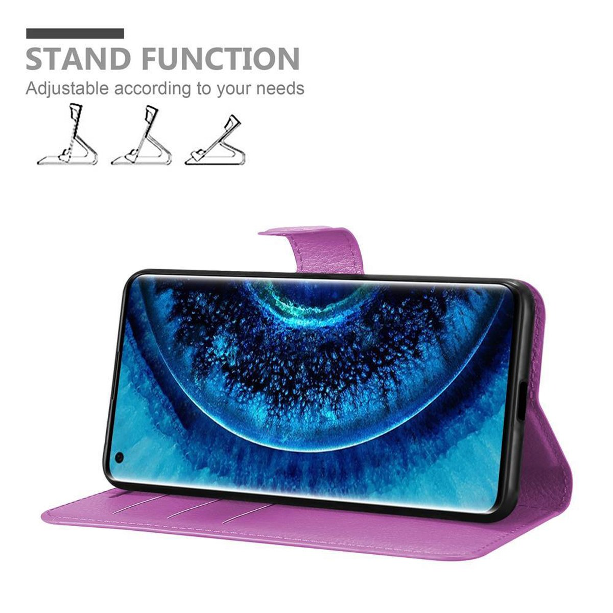 Custodia per telefono viola con telefono su supporto. Sfondo bianco con descrizione della funzione supporto.