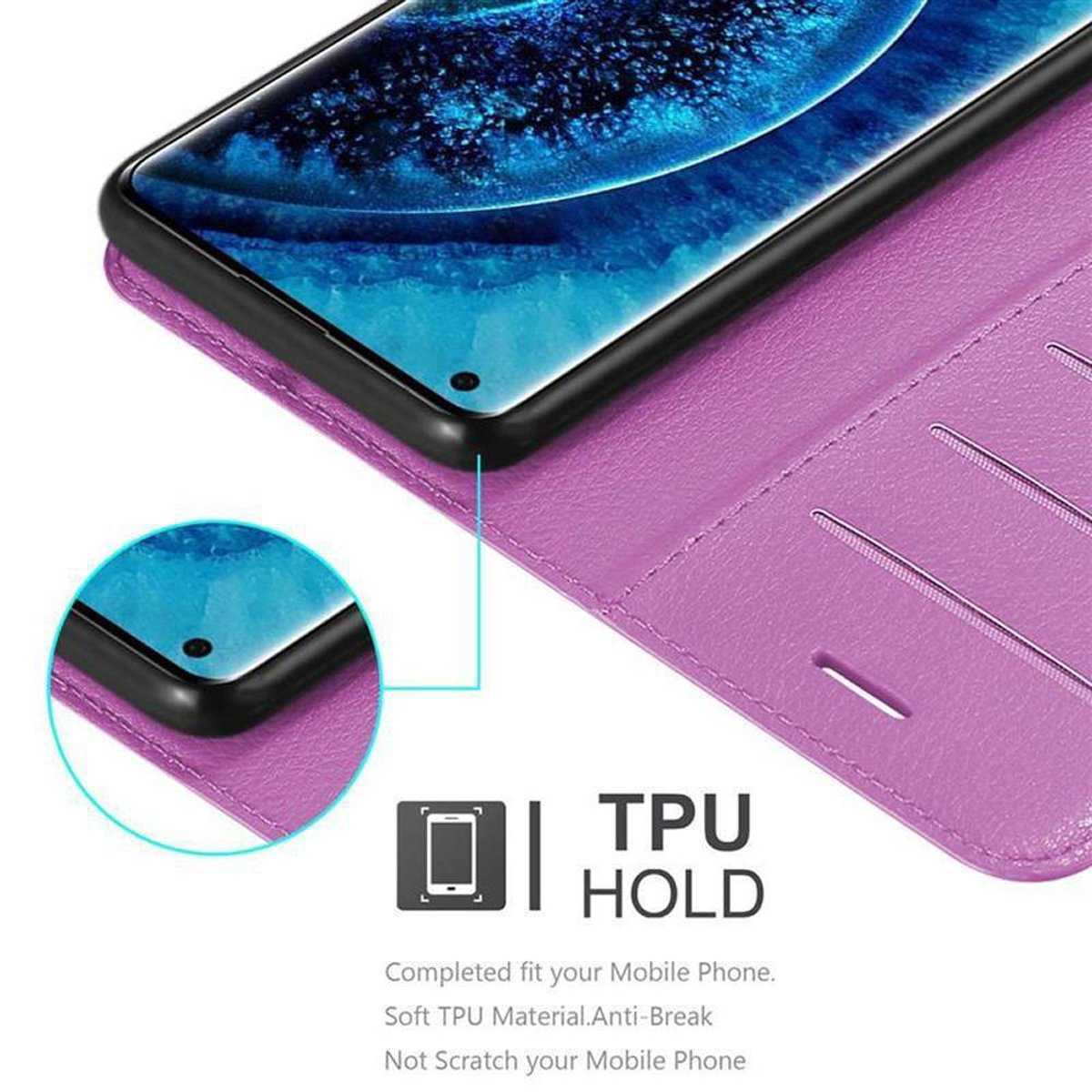 Custodia per telefono viola con telefono all'interno, fessure per carte e supporto TPU.