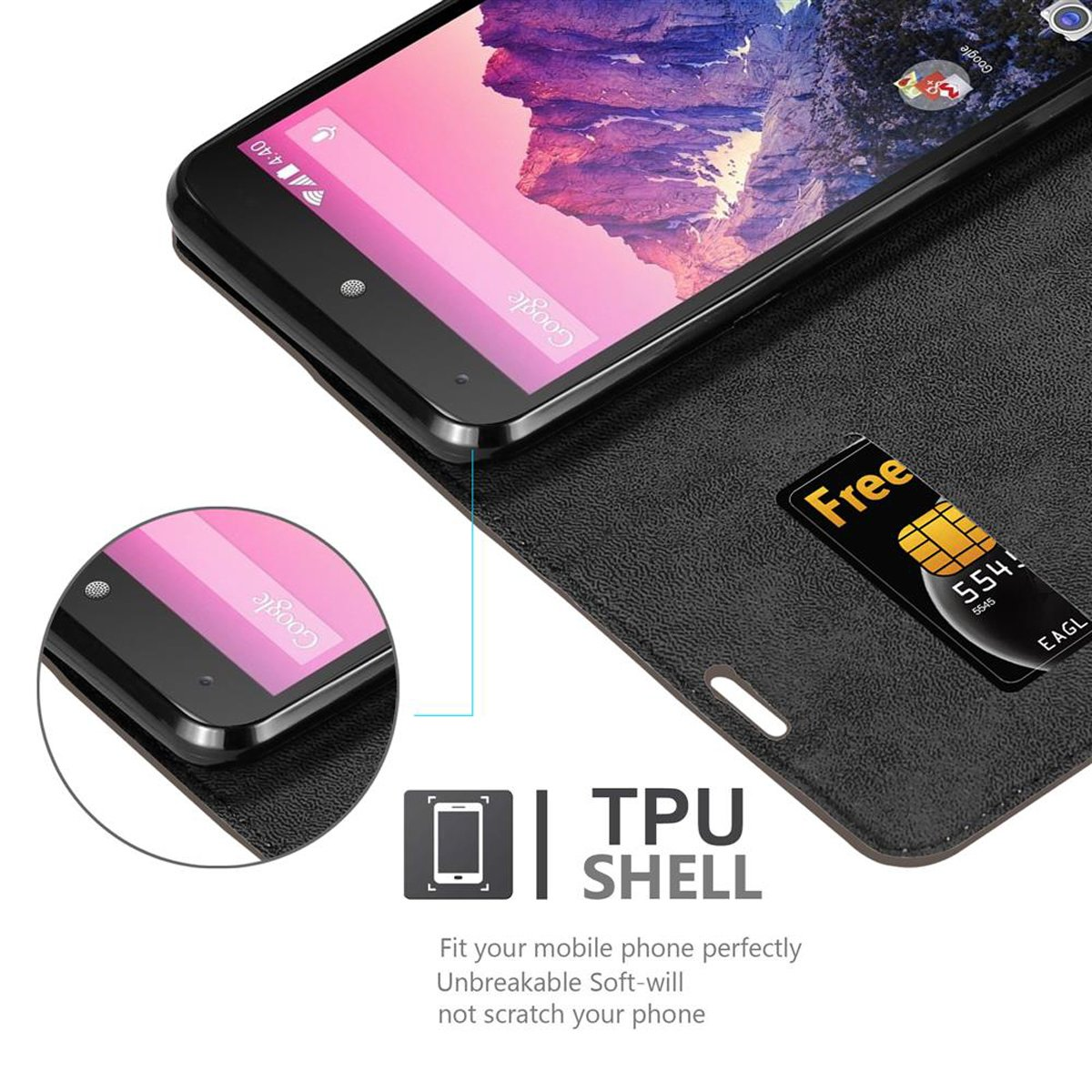 Smartphone con custodia nera, una SIM card e il testo TPU SHELL su sfondo nero.