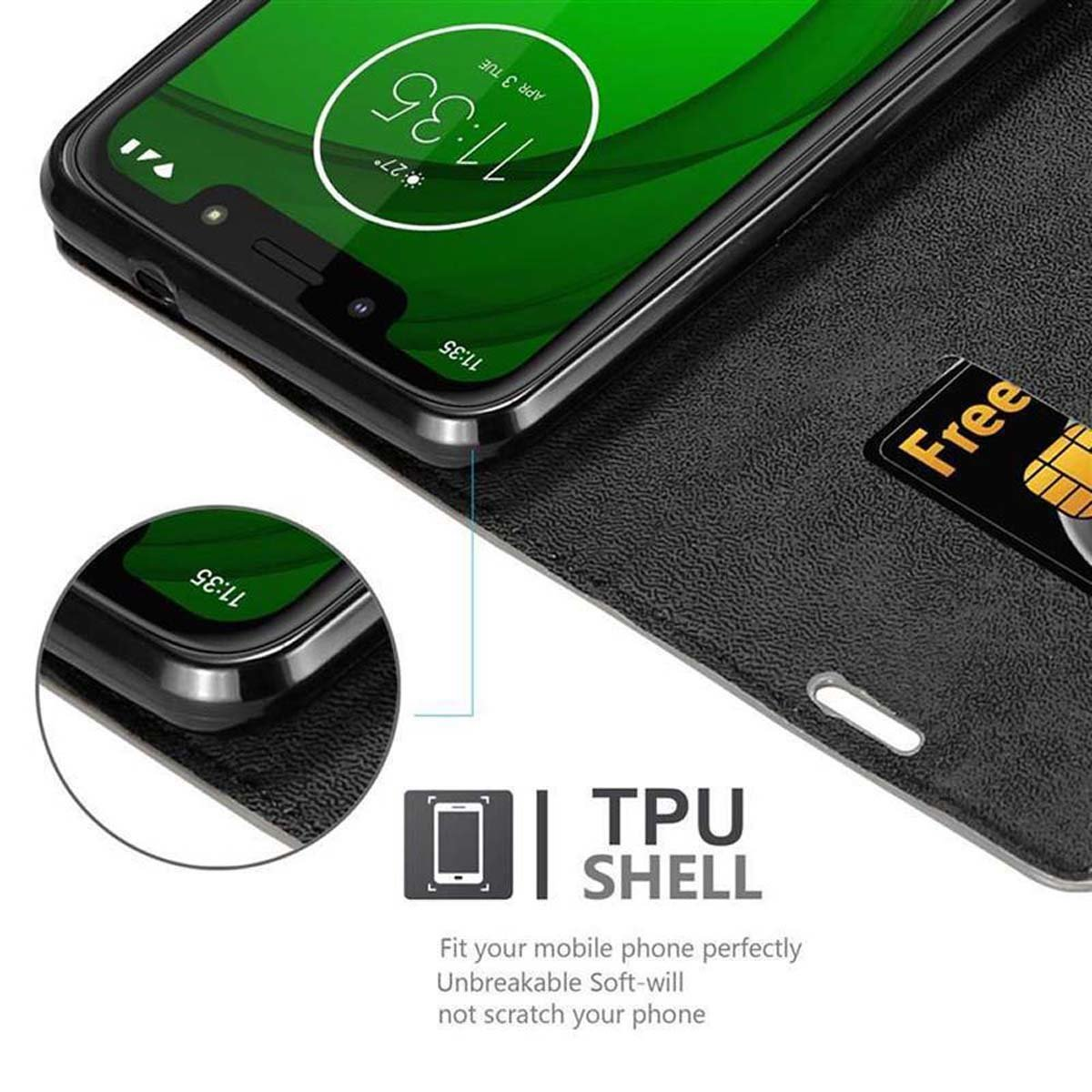 Telefono nero in una custodia con uno schermo che mostra l'ora. Il testo in basso dice TPU Shell.
