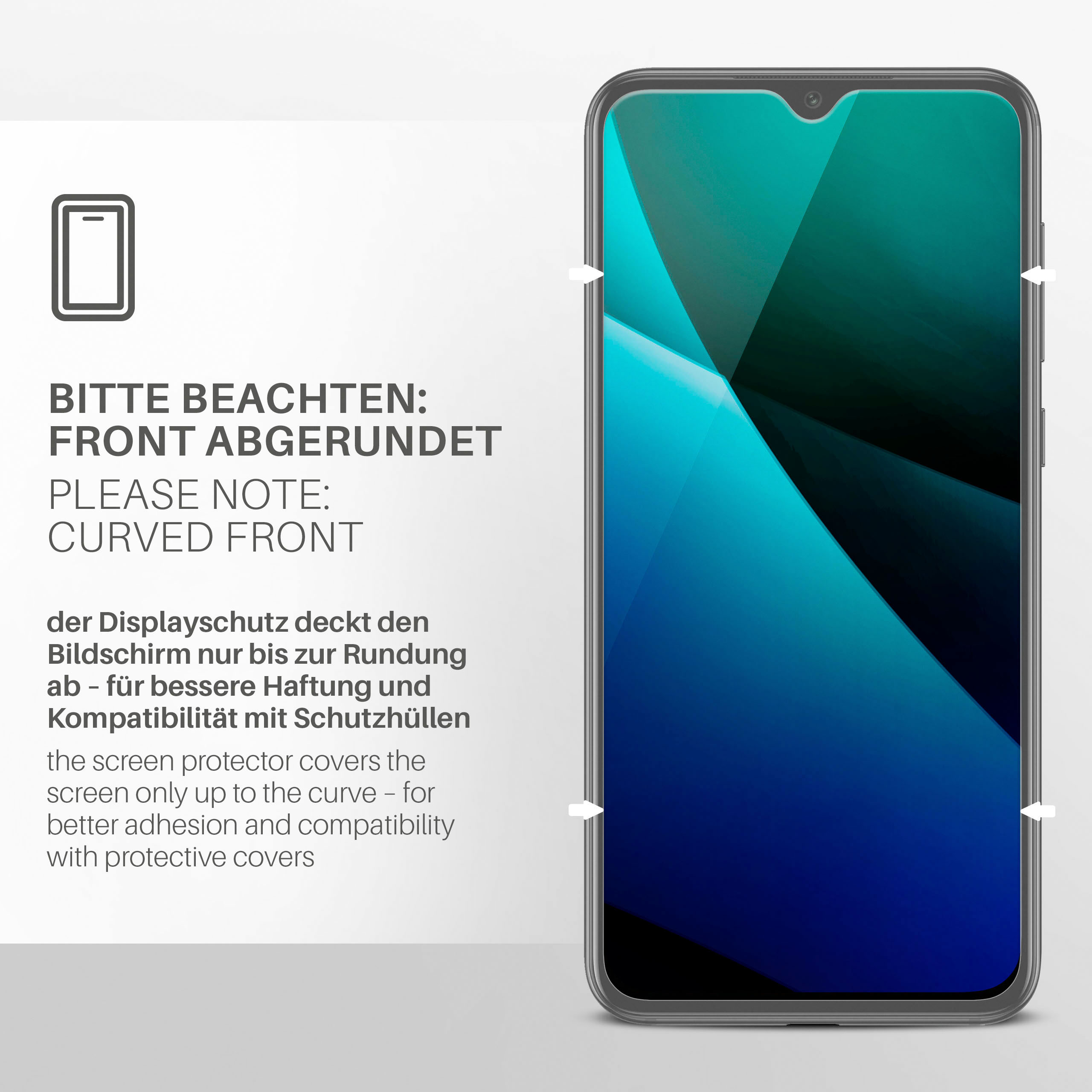 Smartphone-Bildschirm mit gebogener Front. Text sagt 'gebogene Front' und 'der Displayschutz'.