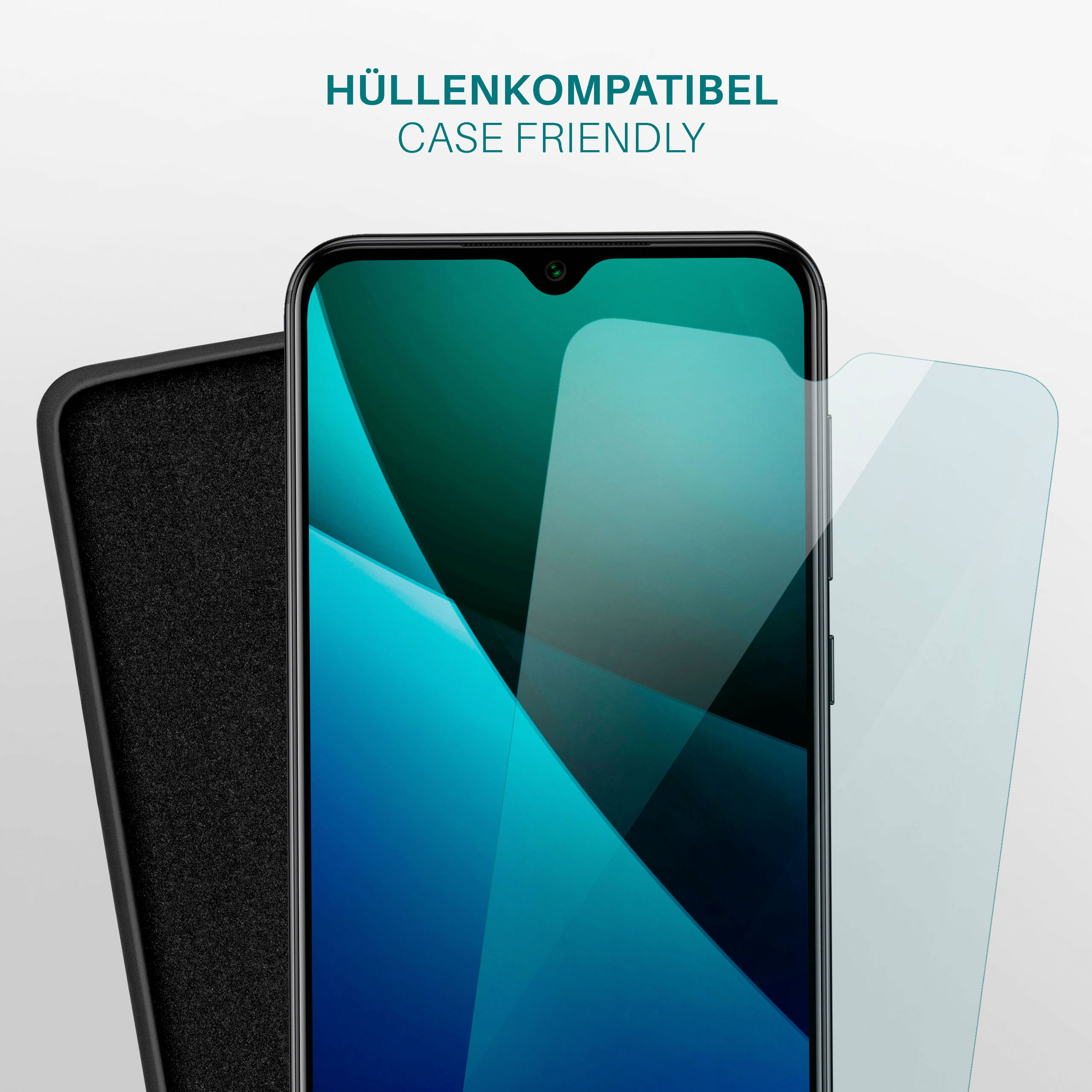 Telefon mit Displayschutz und Hülle. Die Hülle ist schwarz und der Displayschutz ist klar.