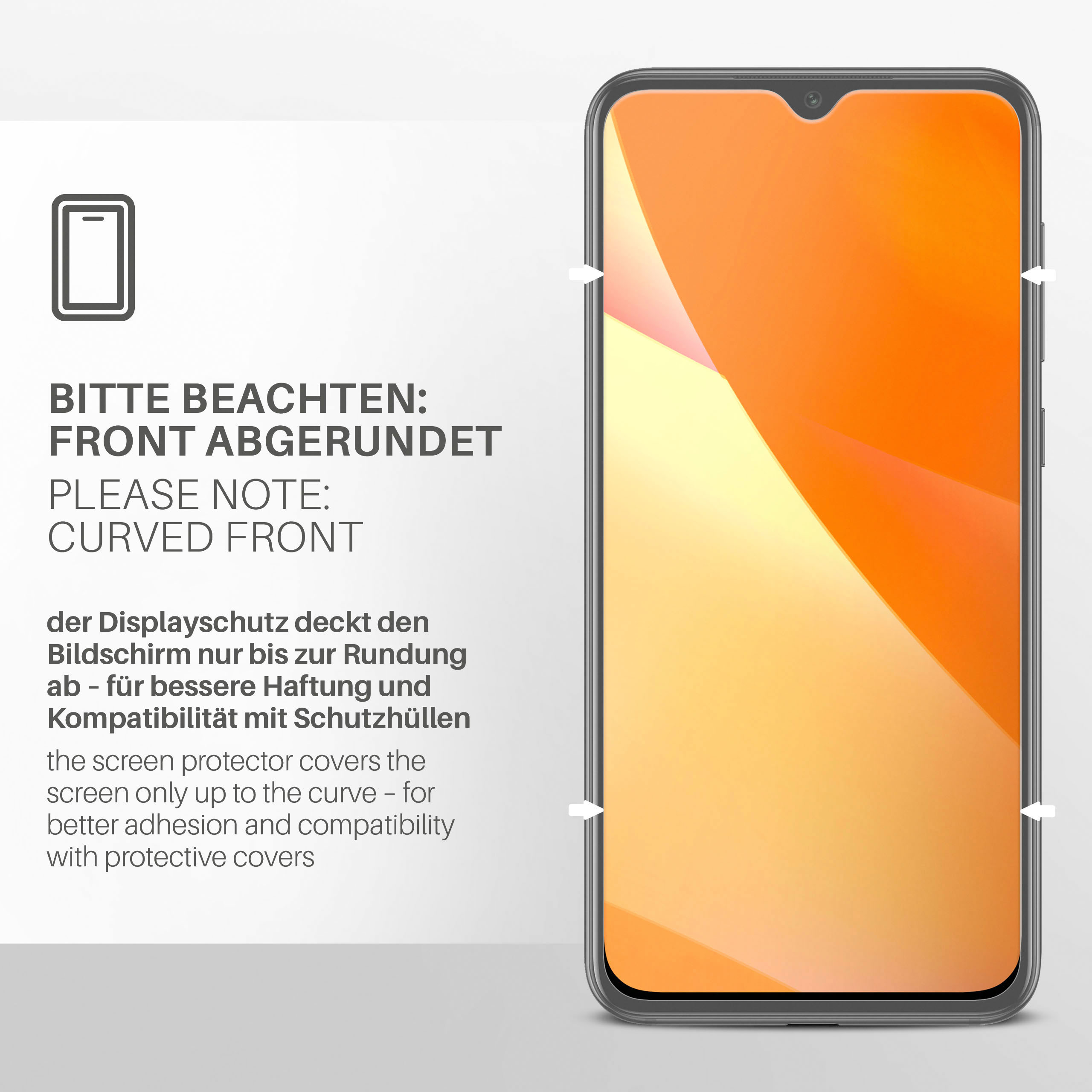 Telefon mit gewölbtem Displayschutz. Orangefarbener Hintergrund.