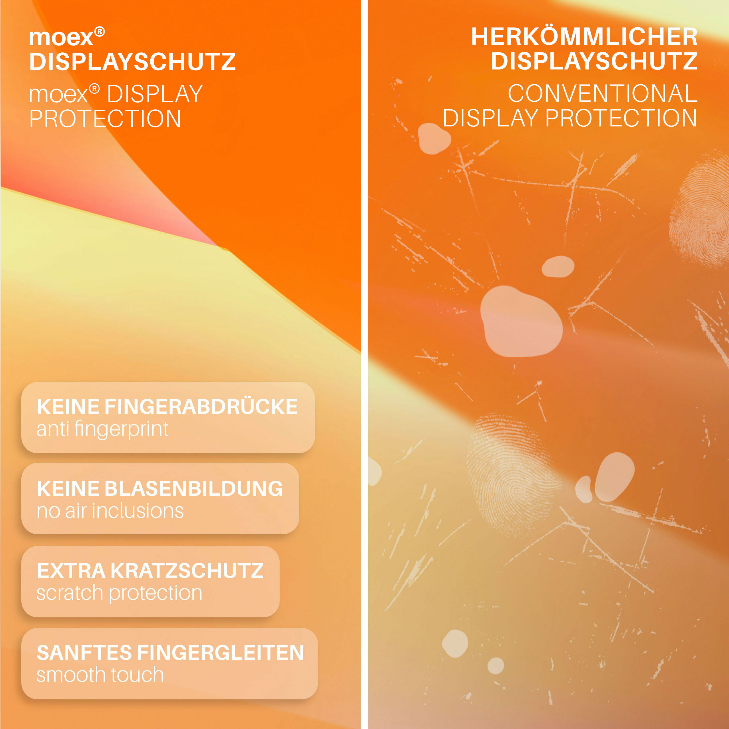 Vergleich des Displayschutzes. Links ist moex-Displayschutz, rechts konventioneller Schutz.