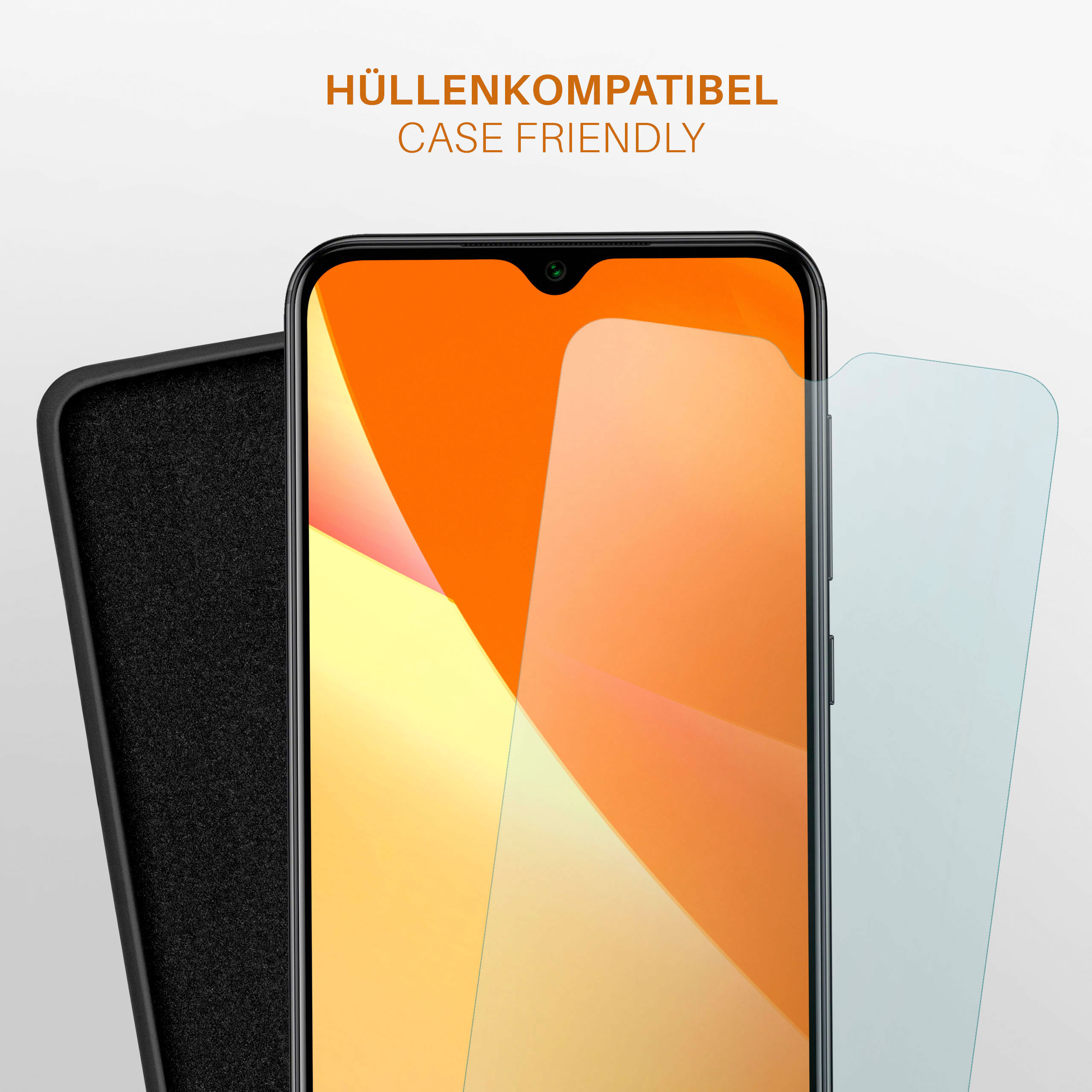 Ein Telefon zwischen einer schwarzen Hülle und einem Displayschutz, mit einem leuchtend orangefarbenen Bildschirm.