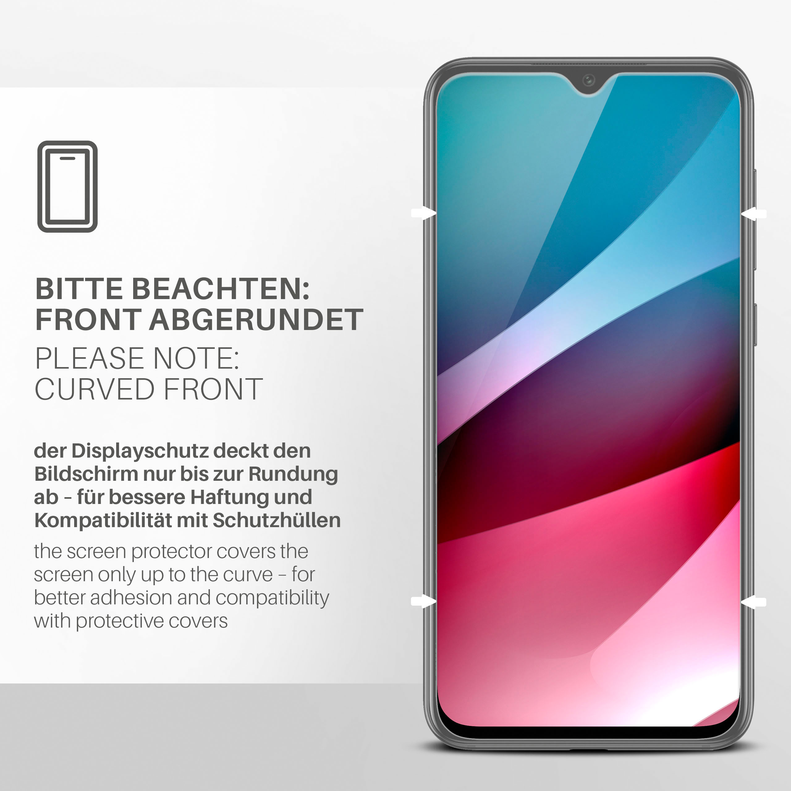 Telefon mit angebrachtem Displayschutz, abgerundete Kanten. Text auf Deutsch und Englisch.