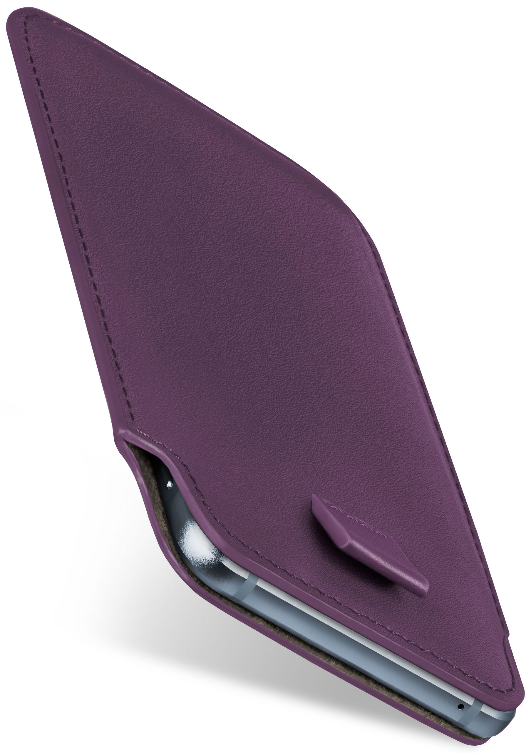 Lila Handyhülle mit einem Telefon. Die Hülle ist aus weichem Ledermaterial mit Klappe.