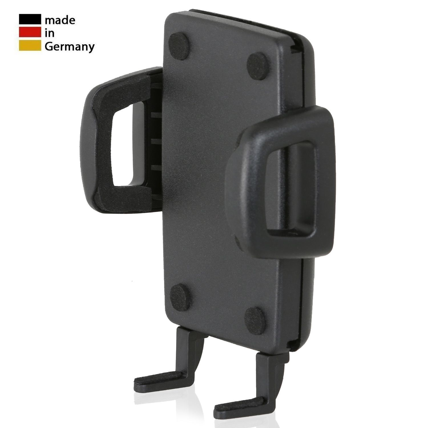 Ein schwarzer Autotelefonhalter mit verstellbaren Armen. Der Halter befindet sich auf weißem Hintergrund.