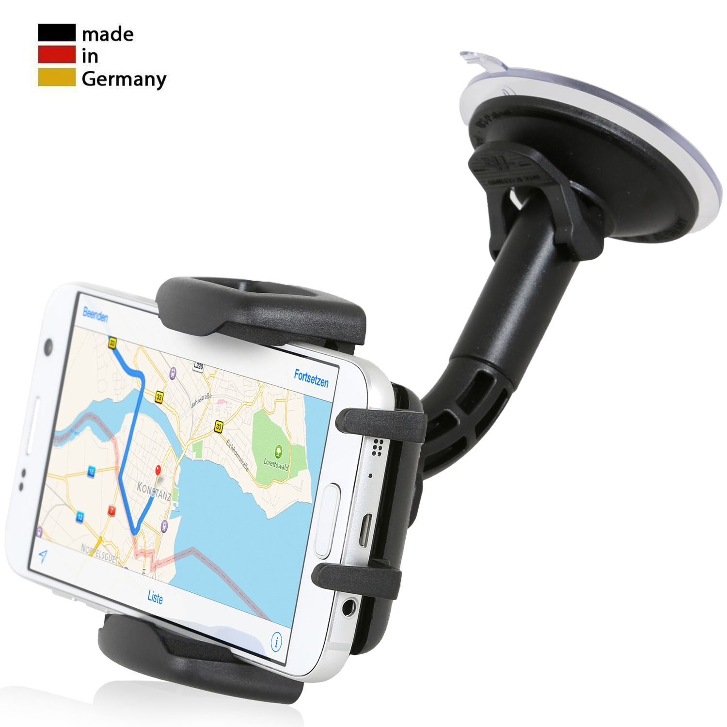 Autohandyhalter mit Telefon, das eine Karte anzeigt. Es hat eine schwarz-silberne Farbe. Hergestellt in Deutschland.
