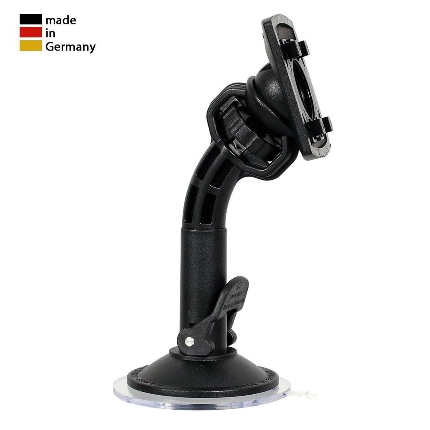 Schwarzer Autotelefonhalter mit Saugnapfbasis, schwarzem Arm und Halterung.