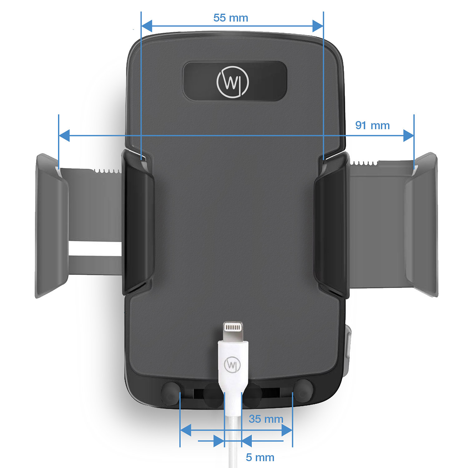 Schwarzer Telefonhalter fürs Auto. Zeigt Abmessungen und ein Ladekabel mit Logo.