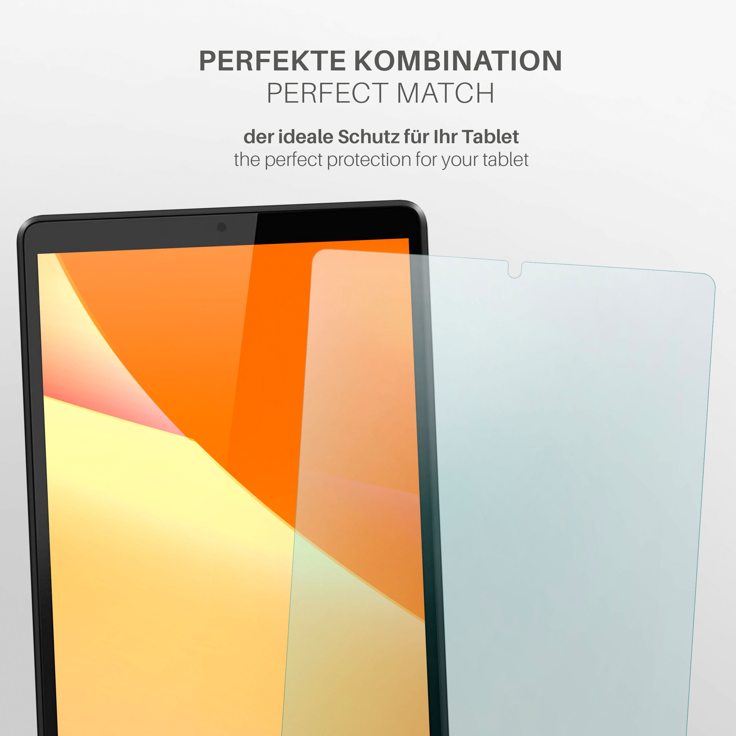 Tablet mit aufgetragener Displayschutzfolie. Der Text lautet perfekte Kombination.