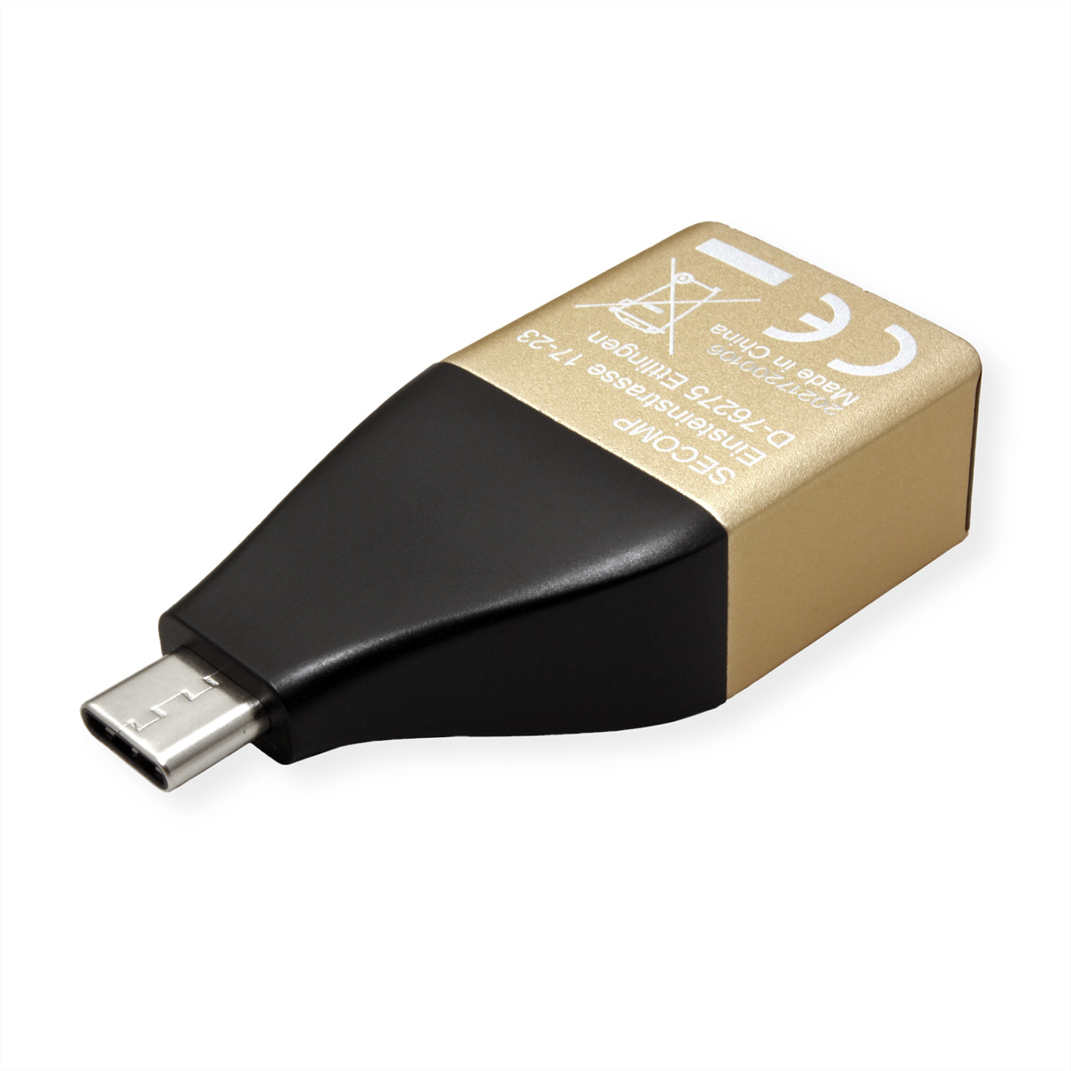 Gold-schwarzer USB-C-zu-USB-Adapter.
