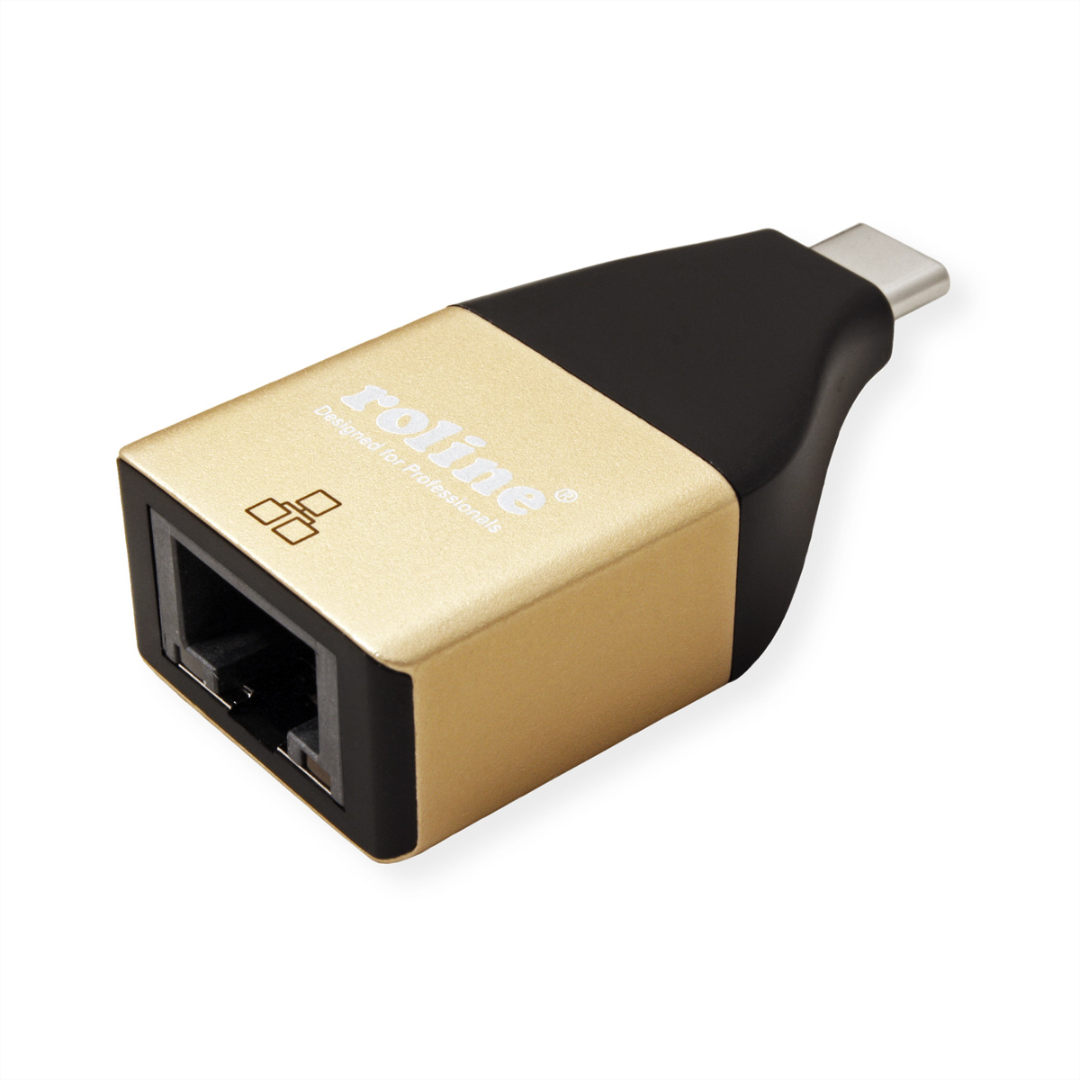 Ein goldener und schwarzer Ethernet-Adapter. Das Wort 'roline' ist sichtbar. Der Adapter liegt auf weißem Untergrund.