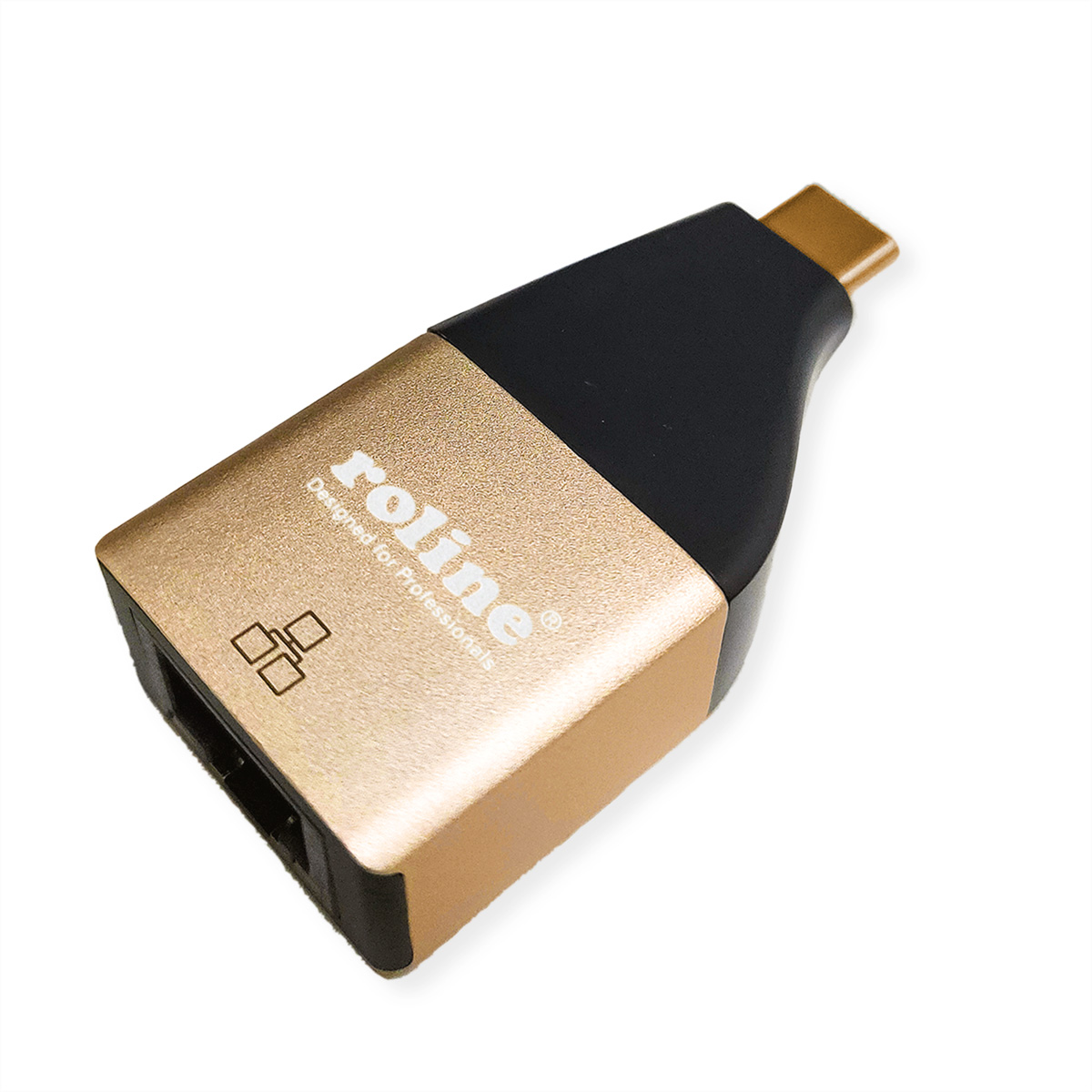 Gold-schwarzer Roline HDMI-Adapter. Der Adapter ist für Profis konzipiert.