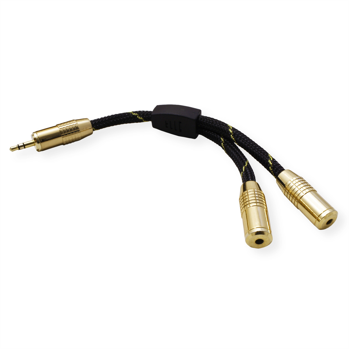 Ein goldfarbenes Audio-Splitterkabel mit zwei Buchsen und einem Stecker auf einer weißen Oberfläche.