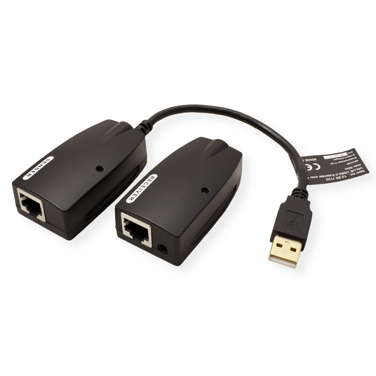 Two black HDMI to Ethernet converters. One has a USB connector.