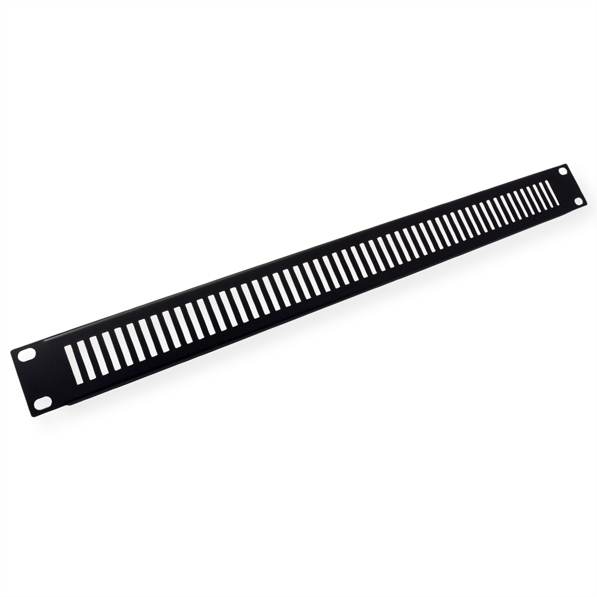 Un pannello rack nero, fessurato con linee verticali.