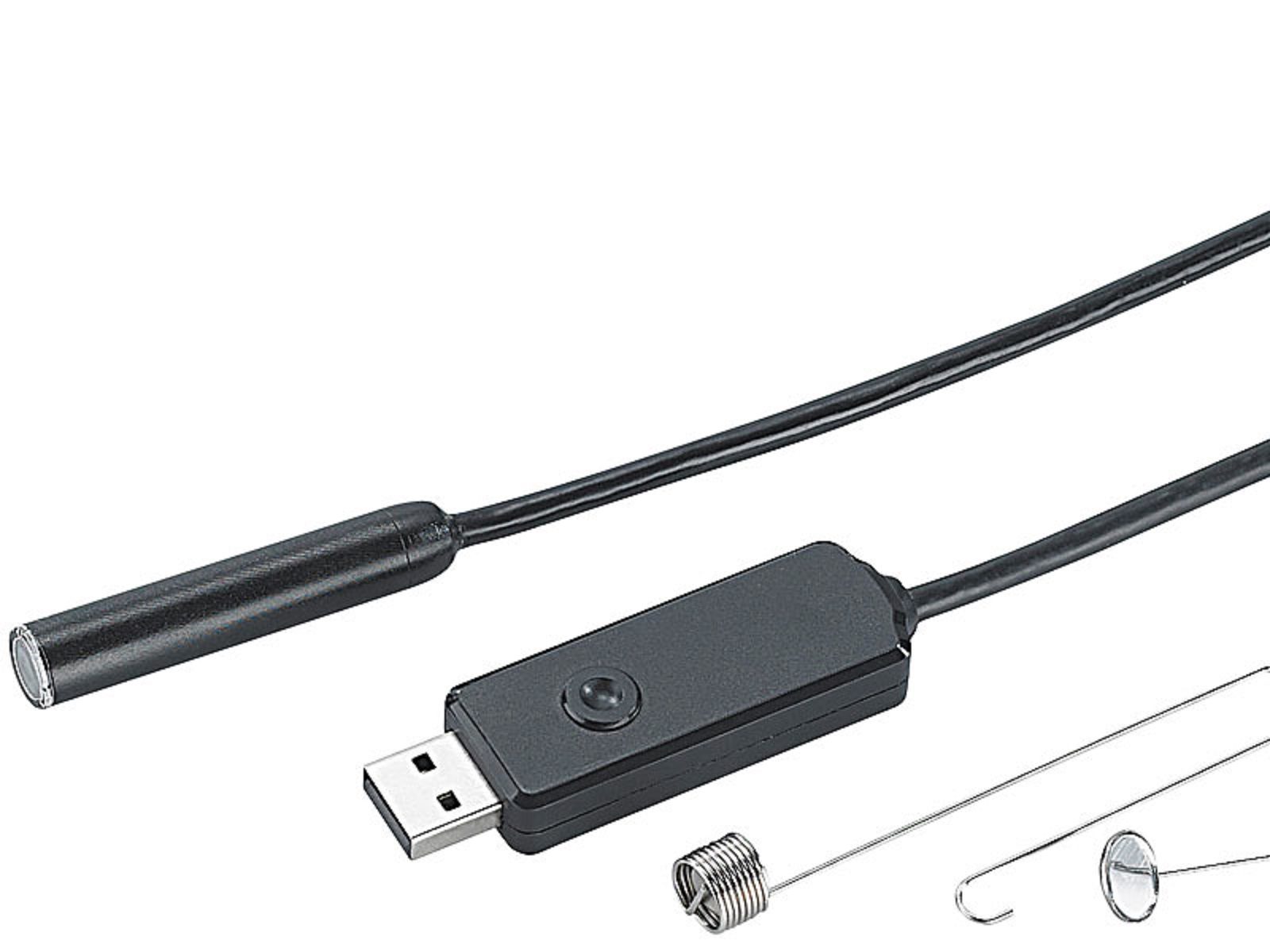 Endoskopkamera mit USB-Anschluss. Werkzeuge liegen daneben. Die Kamera ist schwarz, mit silberner Spitze.