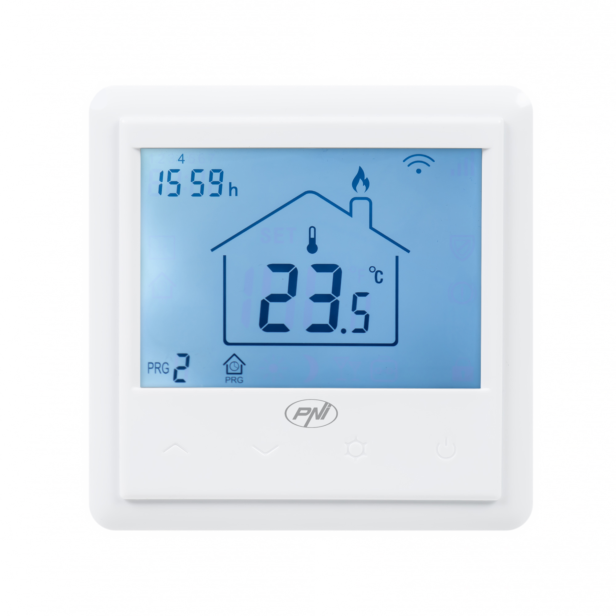 Ein weißes Thermostat mit Digitalanzeige, die Zeit und Temperatur anzeigt.