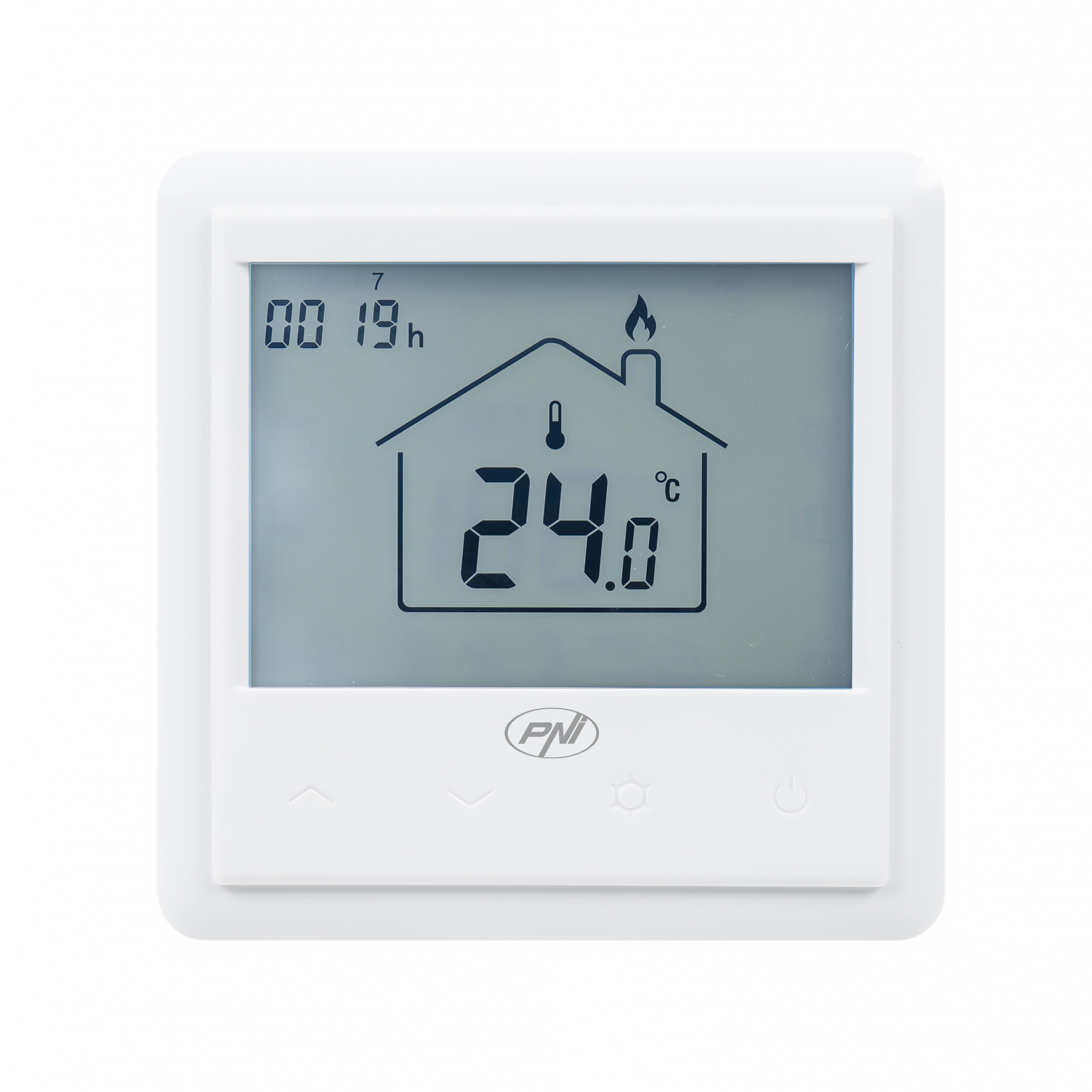 Ein weißer Thermostat mit Digitalanzeige, die Zeit, ein Haus-Symbol und Temperatur zeigt.
