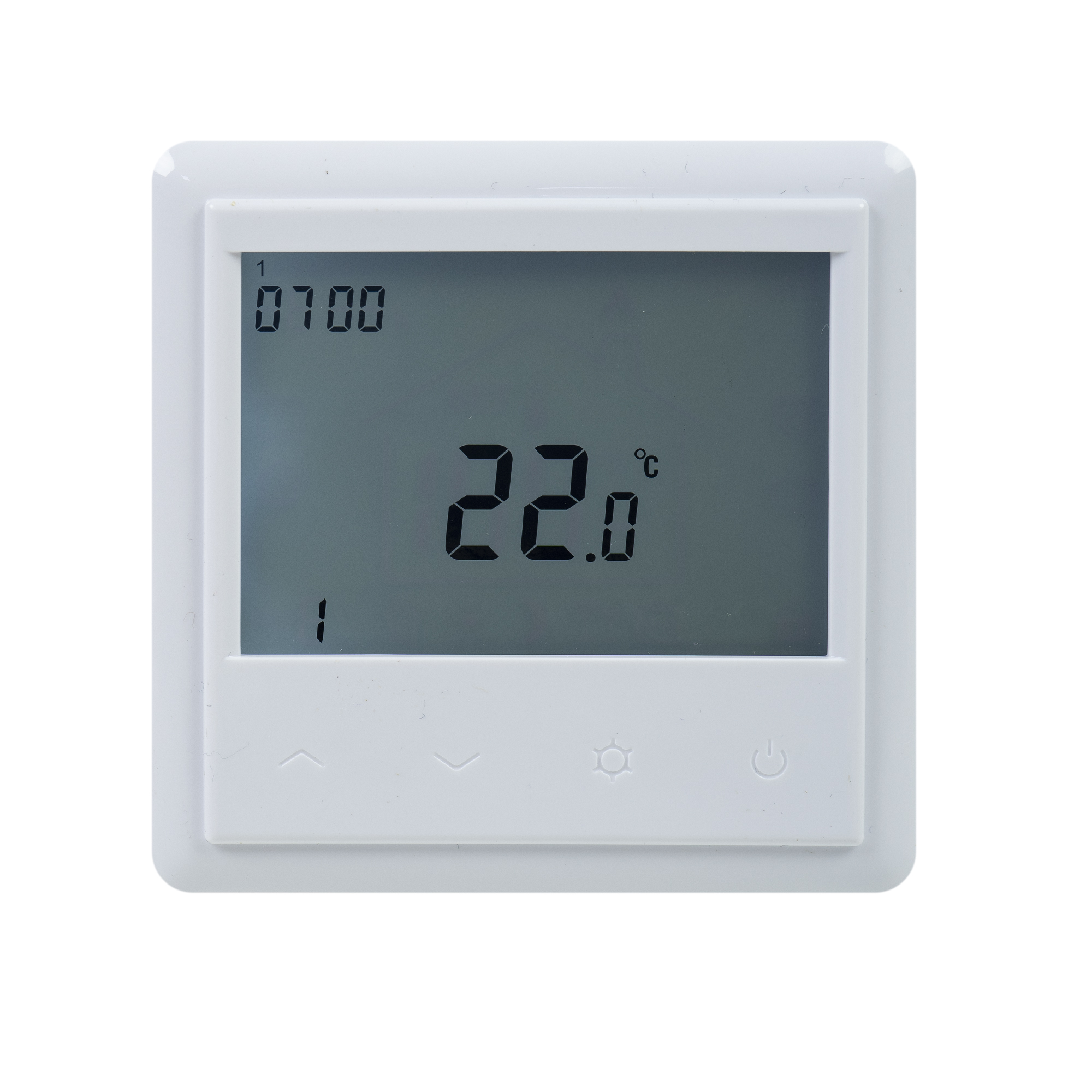 Ein weißer digitaler Thermostat, der 22,0°C anzeigt. Er hat Pfeile, ein Sonnen-Symbol und einen Ein/Aus-Knopf.
