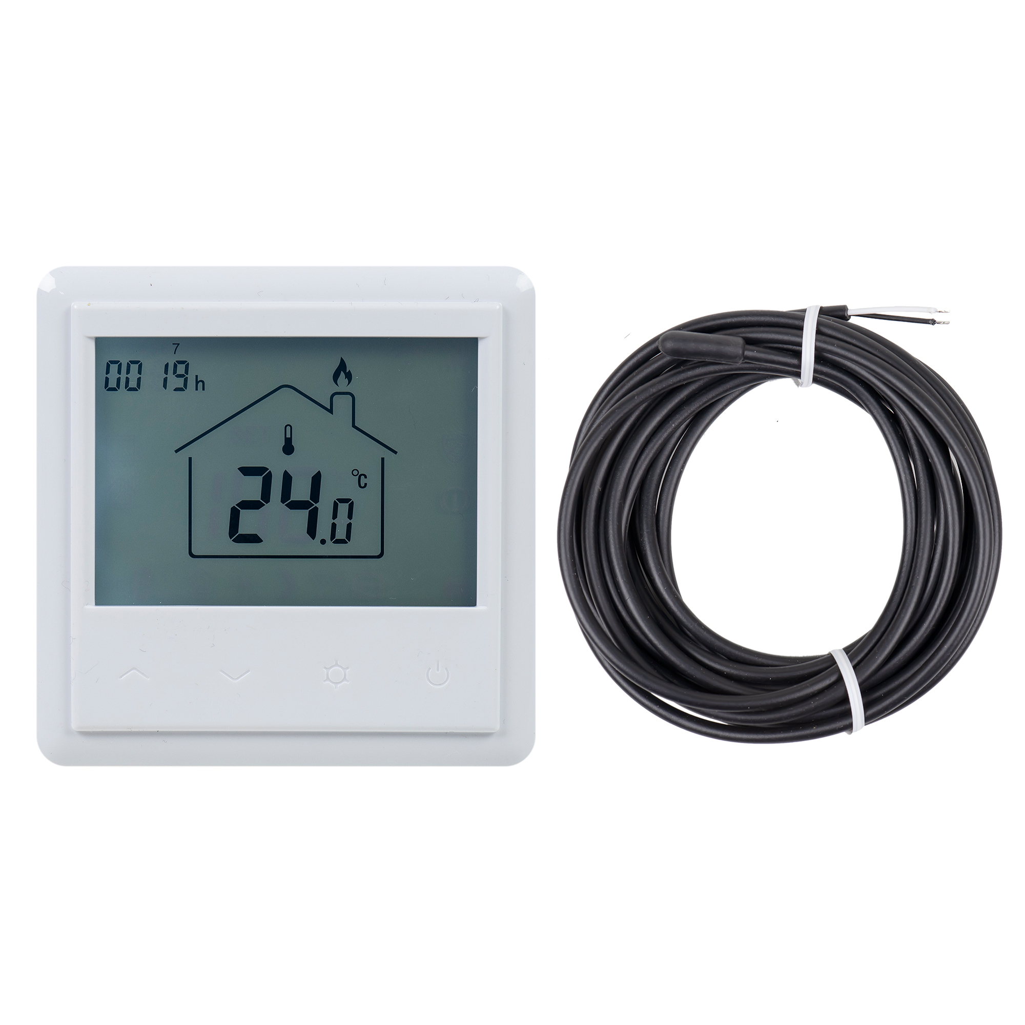 Digitaler Thermostat mit Anzeige von 24 Grad. Ein schwarzes Kabel ist ebenfalls vorhanden.