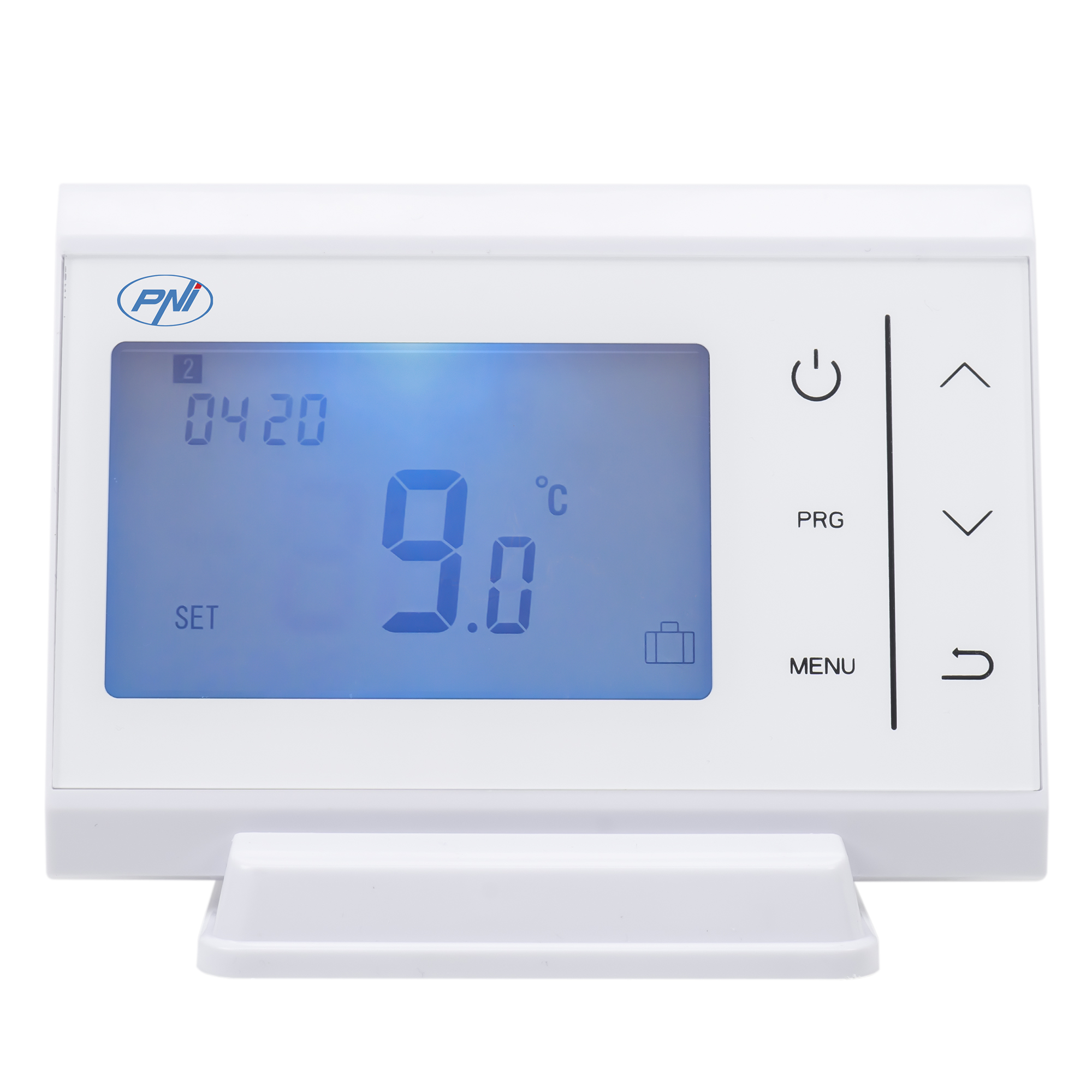 Weißer Thermostat mit blauem Display, das 9,0°C anzeigt. Hat Tasten für Ein/Aus, Auf/Ab, PRG, MENU und Zurück.