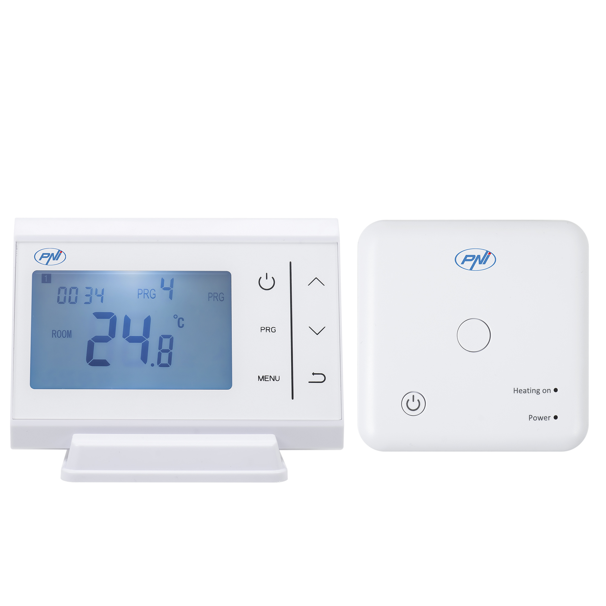 Ein weißes Thermostat und eine weiße Fernbedienung. Das Thermostat zeigt Zahlen und Tasten für Einstellungen an.