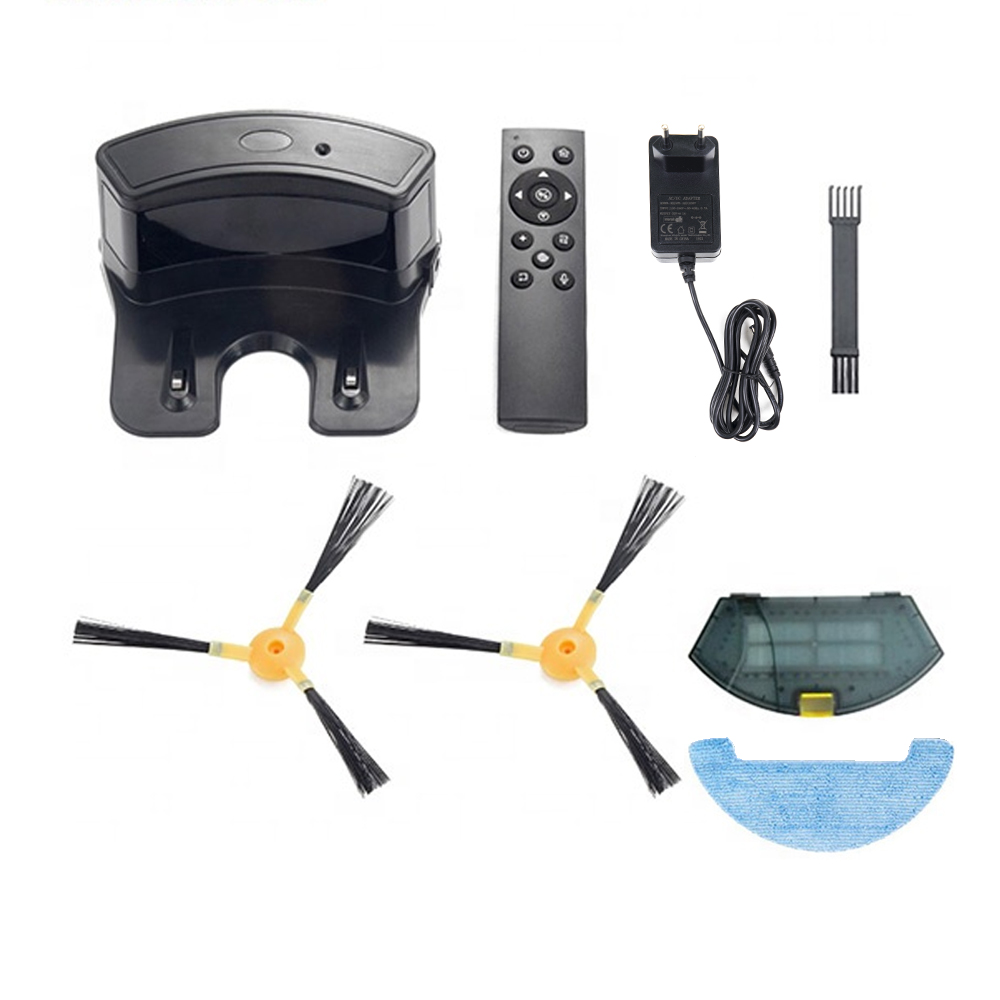 Komponenten eines Roboter-Staubsaugers. Basis, Fernbedienung, Ladegerät, Bürsten und Reinigungspad.