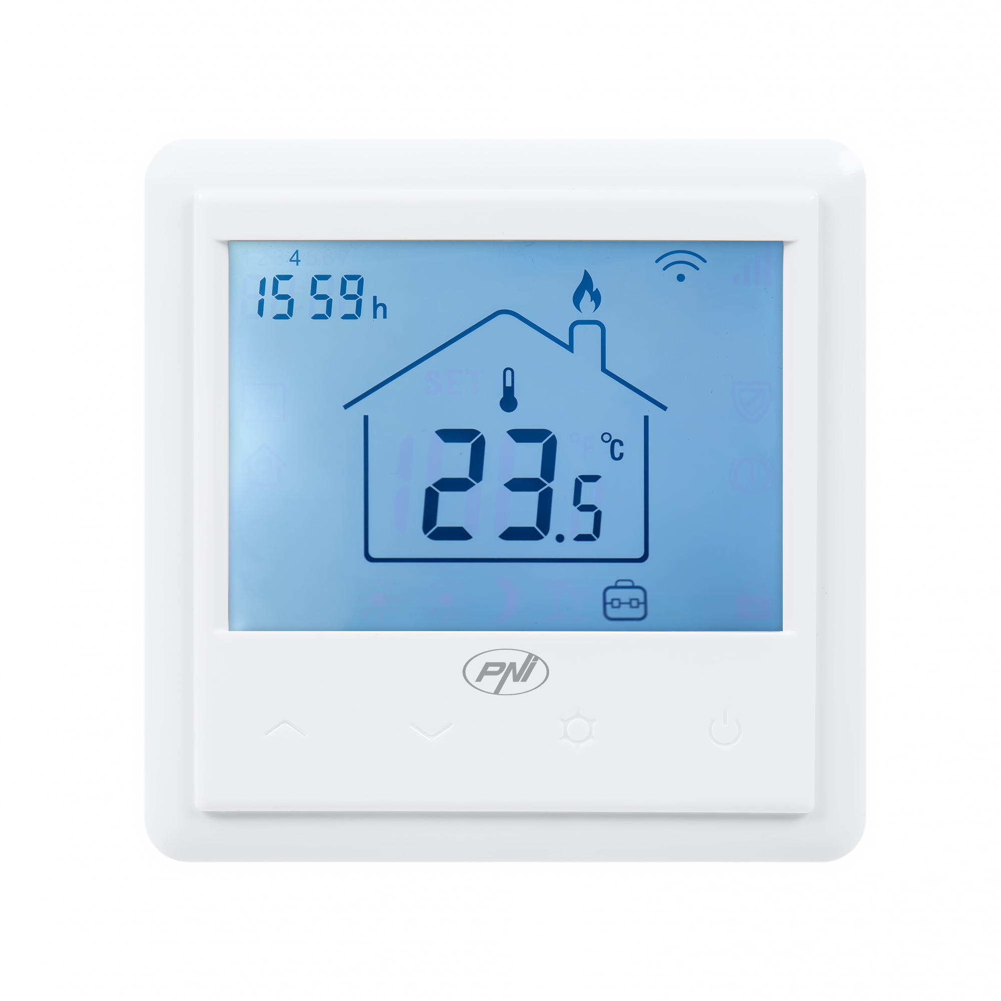 Ein weißer Smart-Thermostat mit digitaler Anzeige von Temperatur und Einstellungen.