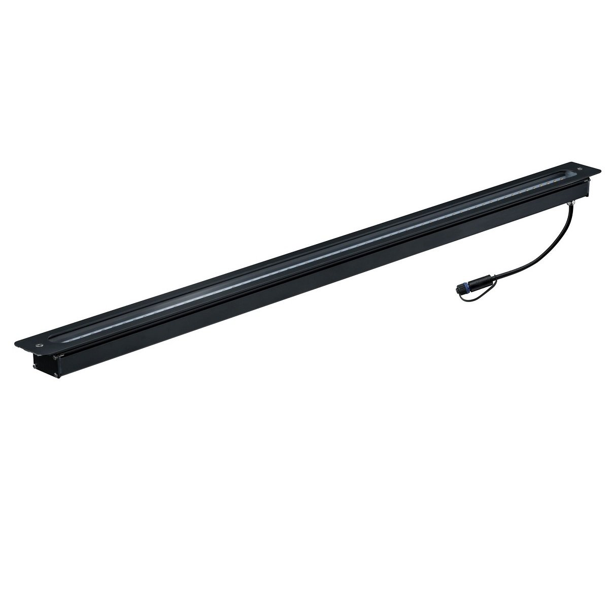 Schwarzer LED-Lichtstreifen mit Kabel. Lange, rechteckige Form. Winkelansicht.