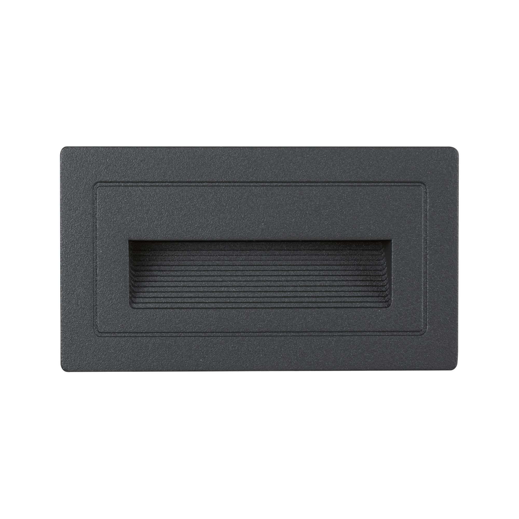 Ciemnoszara, prostokątna lampa schodowa z zagłębioną konstrukcją.